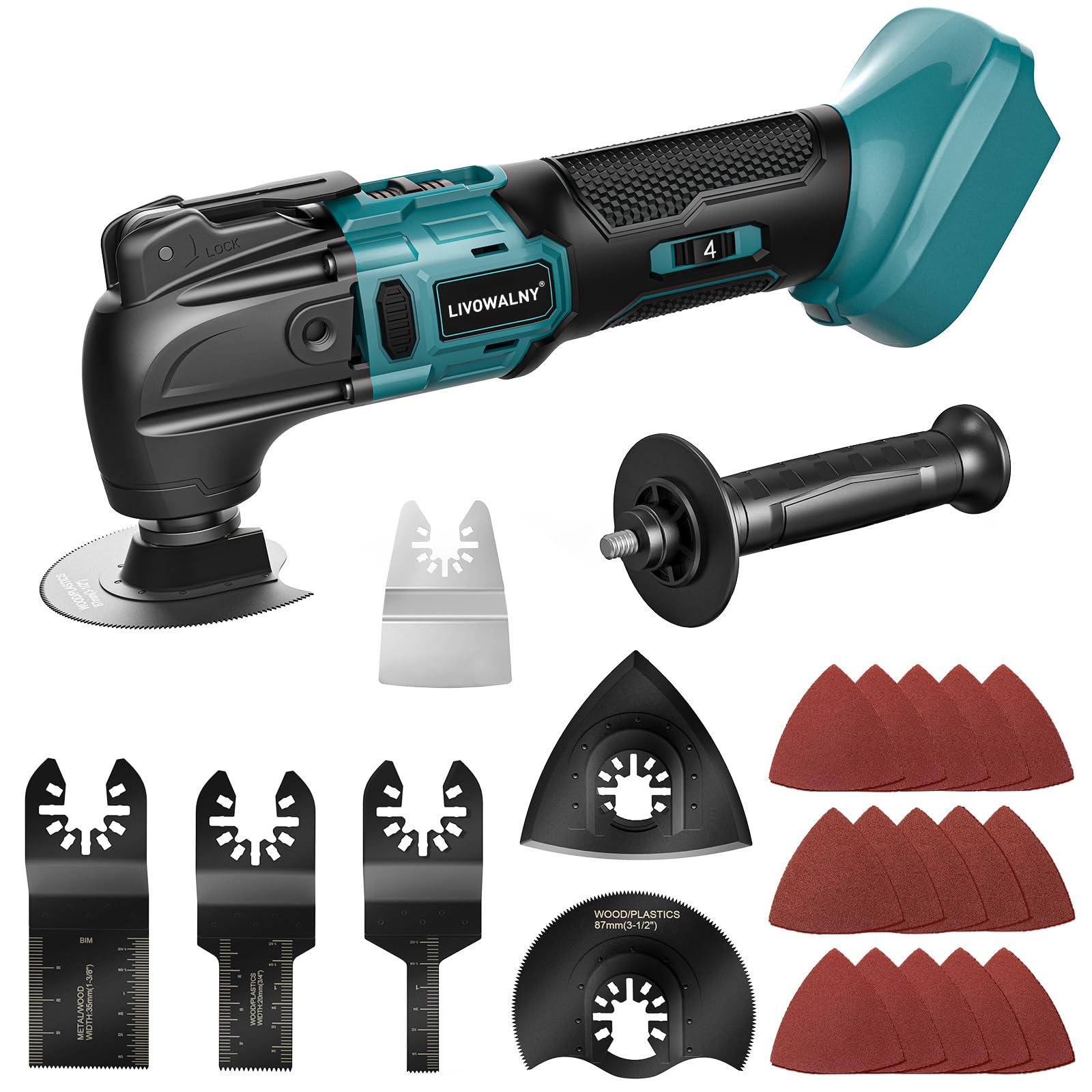 LIVOWALNY Outil Multifonction Oscillant Sans Fil Compatible avec Makita 18V Batterie, Multitool à 6 Vitesses Réglables, Scie Multifonction pour Enlever, Gratter-Bleu（Outils Uniquement）