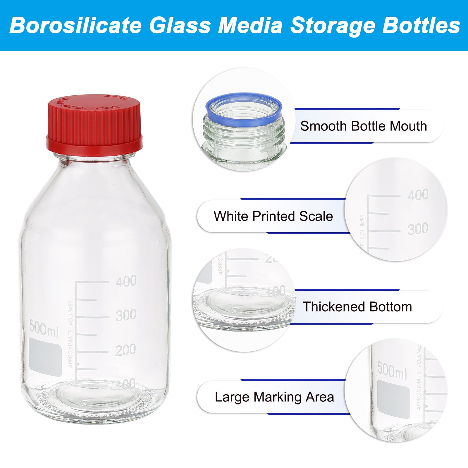 PATIKIL 12 Pack Botellas De Almacenamiento De Reactivos, 500ml Botellas Redondas Graduadas De Vidrio Borosilicato Con Tapa Roscada GL32 Roja Para Líquidos Reactivos De Laboratorio.