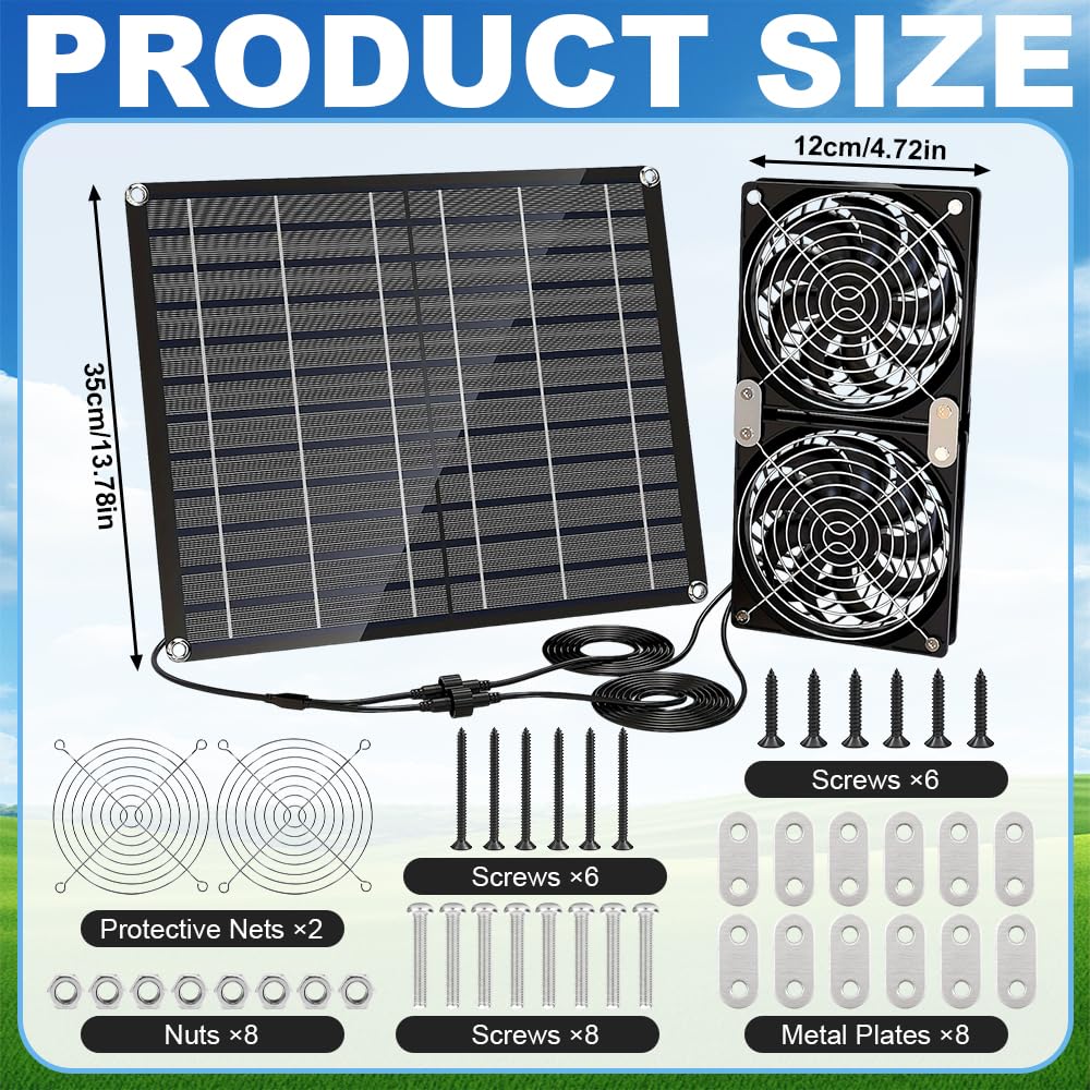 NAVESO Solar Ventilator, 15W Solarventilator, Solarpanel Ventilator mit 2 Wasserdichten Lüftern, Ventilator Solarbetrieben, Solar Lüfter für Hühnerstall, Gewächshäuser, Haustierhäuser Kleine, Schuppen