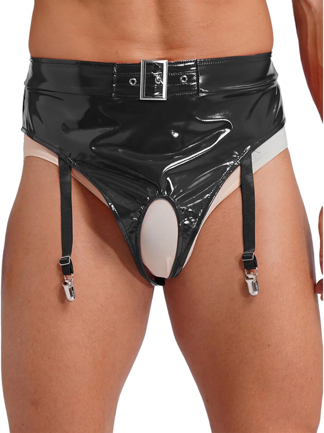 Vxuxlje Men's Patent Leather High Waist Open Crotch Briefs High Waist Garter Underwear Clubwear