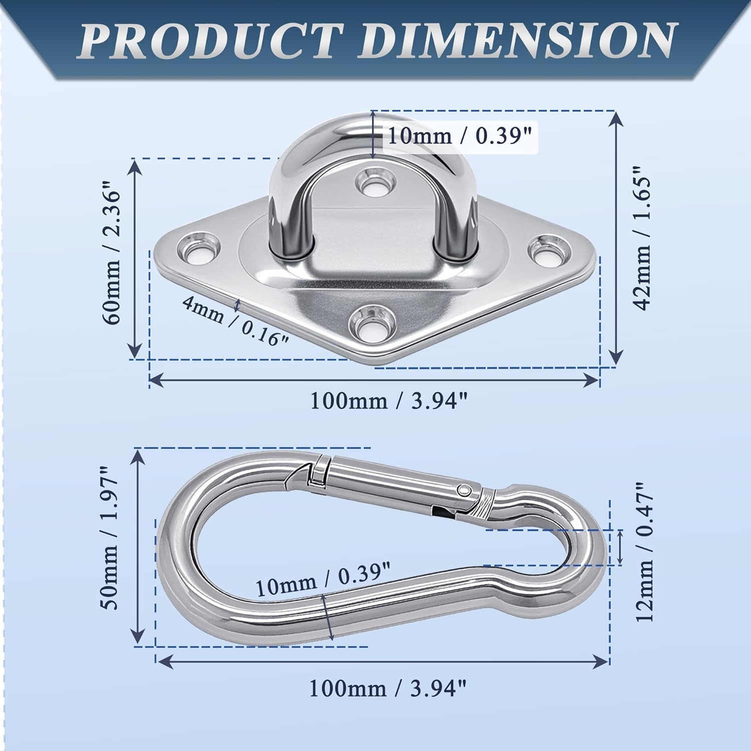 OHIYO 2PCS M10 Stainless Steel Pad Eye Hooks+2PCS M10 Snap Hooks, Heavy Duty Hammock for Hanging, 1300lbs Capacity for Swing Set, Plant Hanger, Outdoor Lights 1 718Qi9OzEhL. SL1500