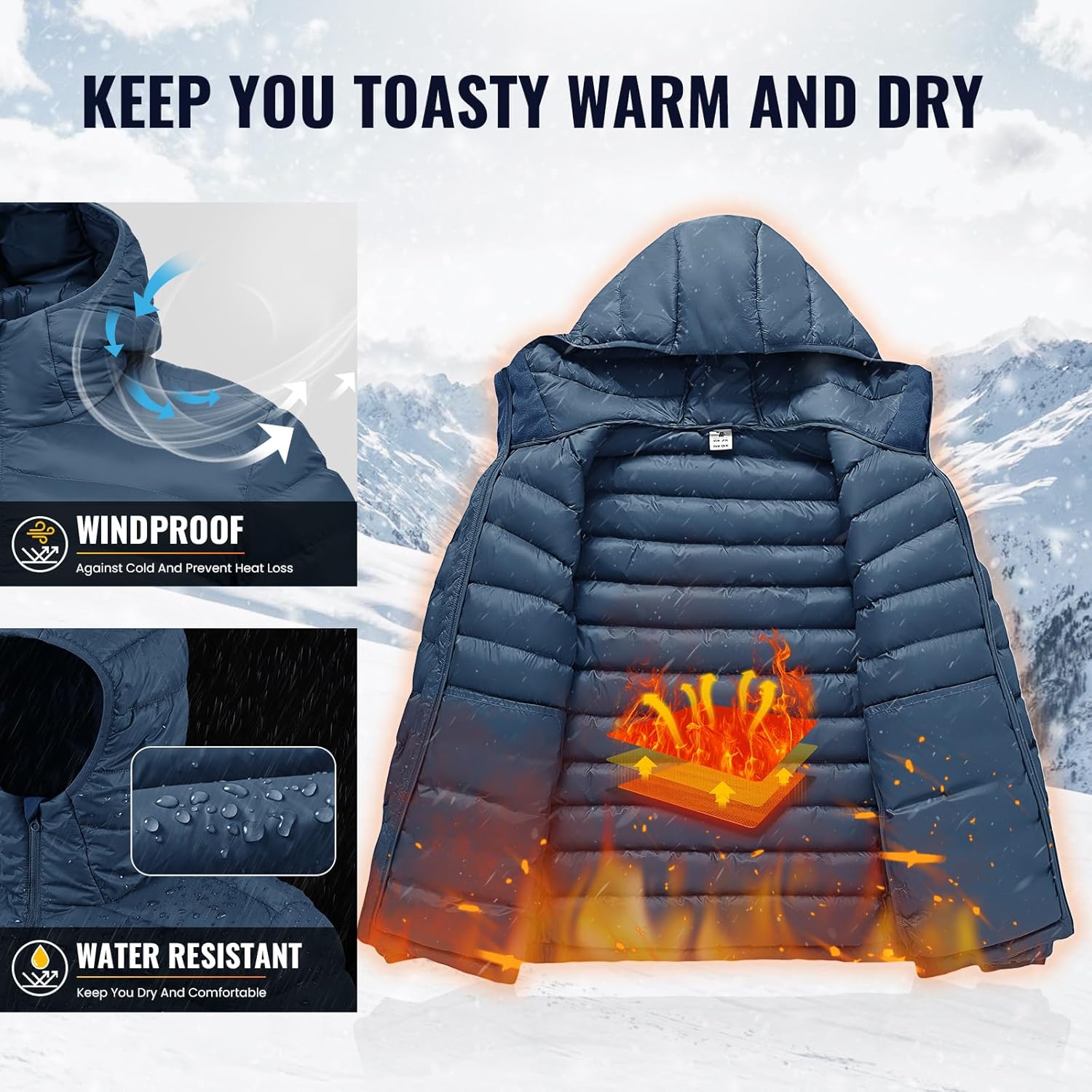 Rdruko Men's Puffer Jacket with Hood Packable Lightweight High Collar Puffy Winter Coat for Hiking Travel,Dark Blue,L - Image 4