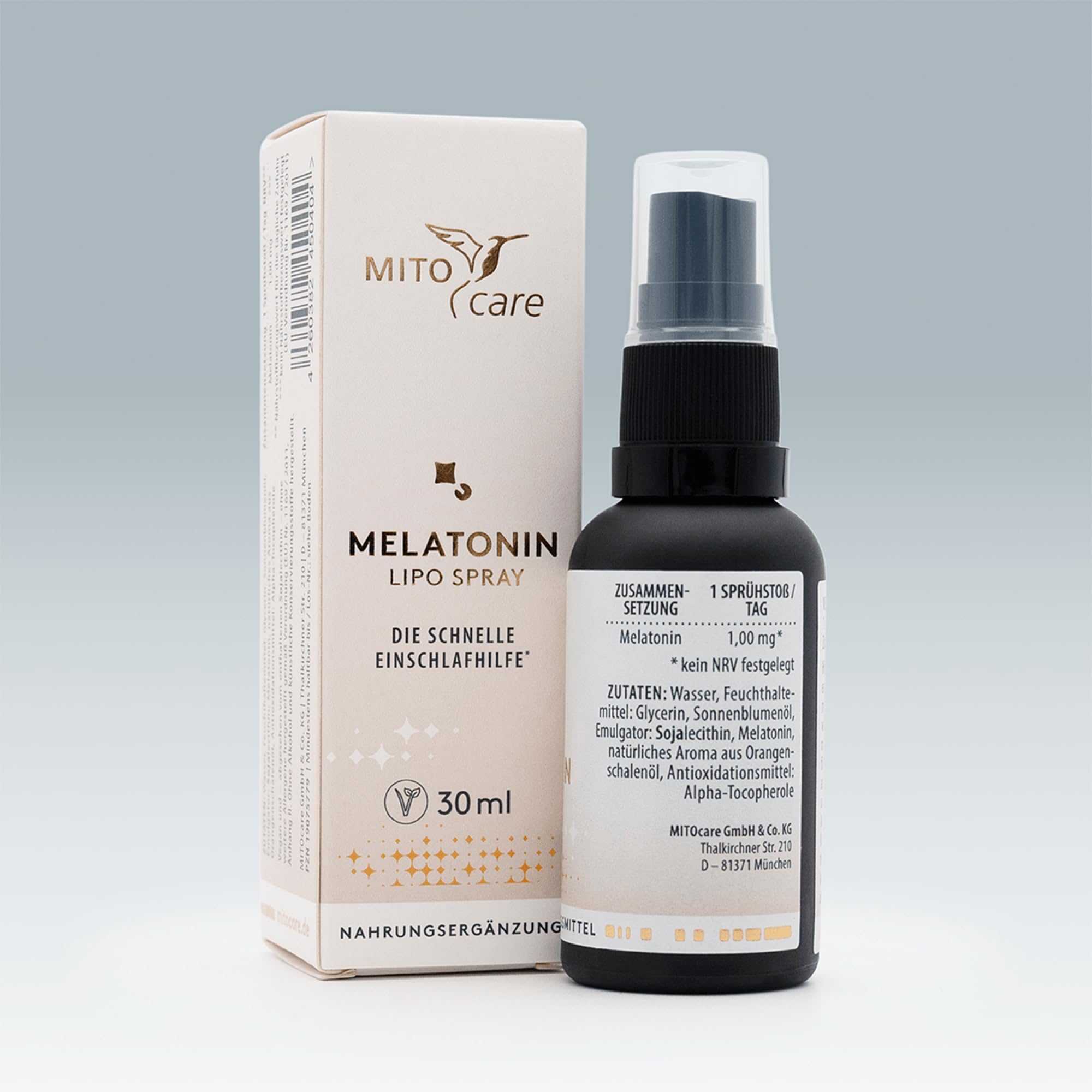 MITOcare Melatonin Spray Einschlafspray hochdosiert 1mg Tagesdosis natürliche Einschlafhilfe Orangengeschmack vegan 214 Sprühstöße Deutschland