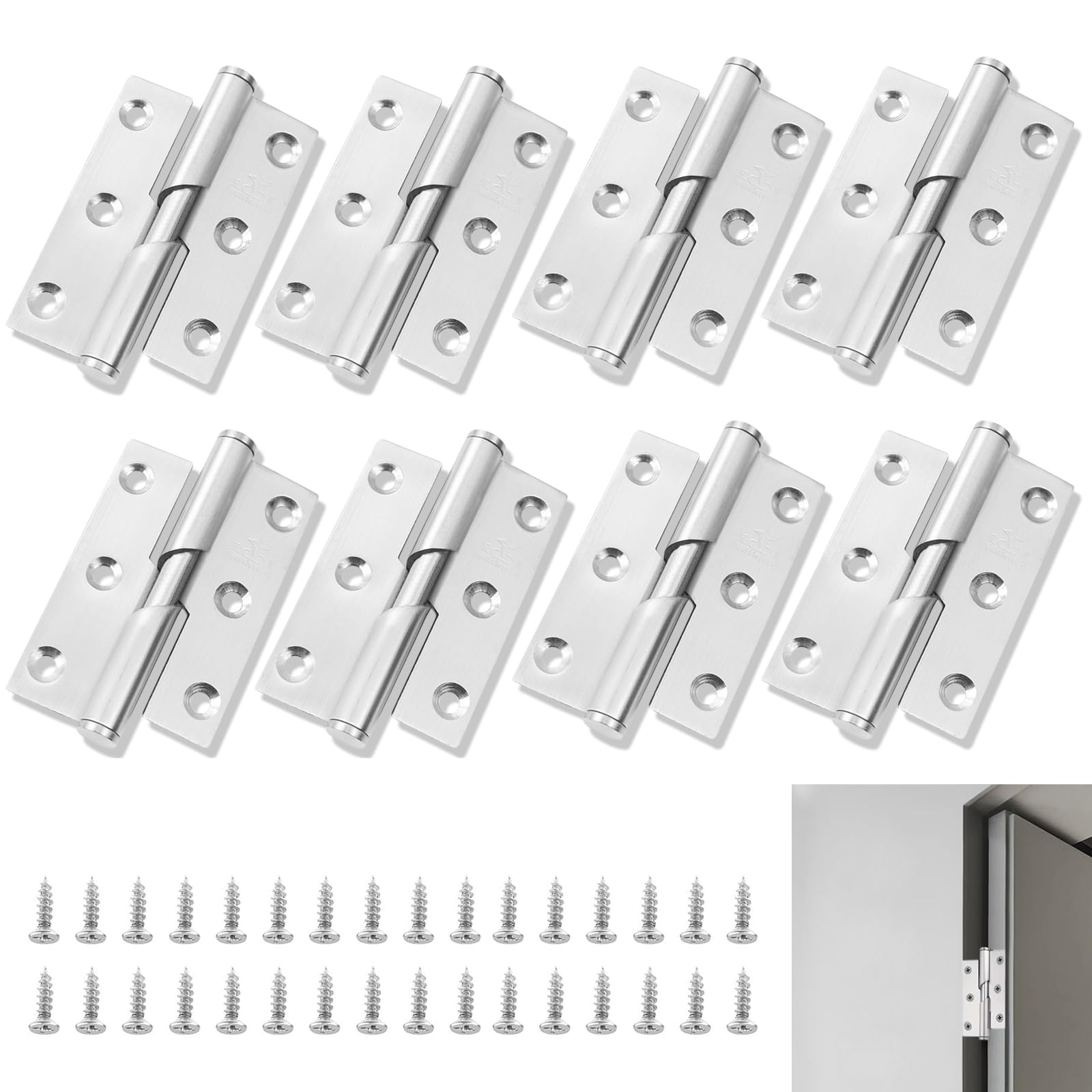 8 PCS Door Hinges 3 inch, Heavy Duty Stainless SteelBall Bearing Butt Hinges with Screws Rising Butt Lift Off Hinge for Doors Window Cabinet(Right)