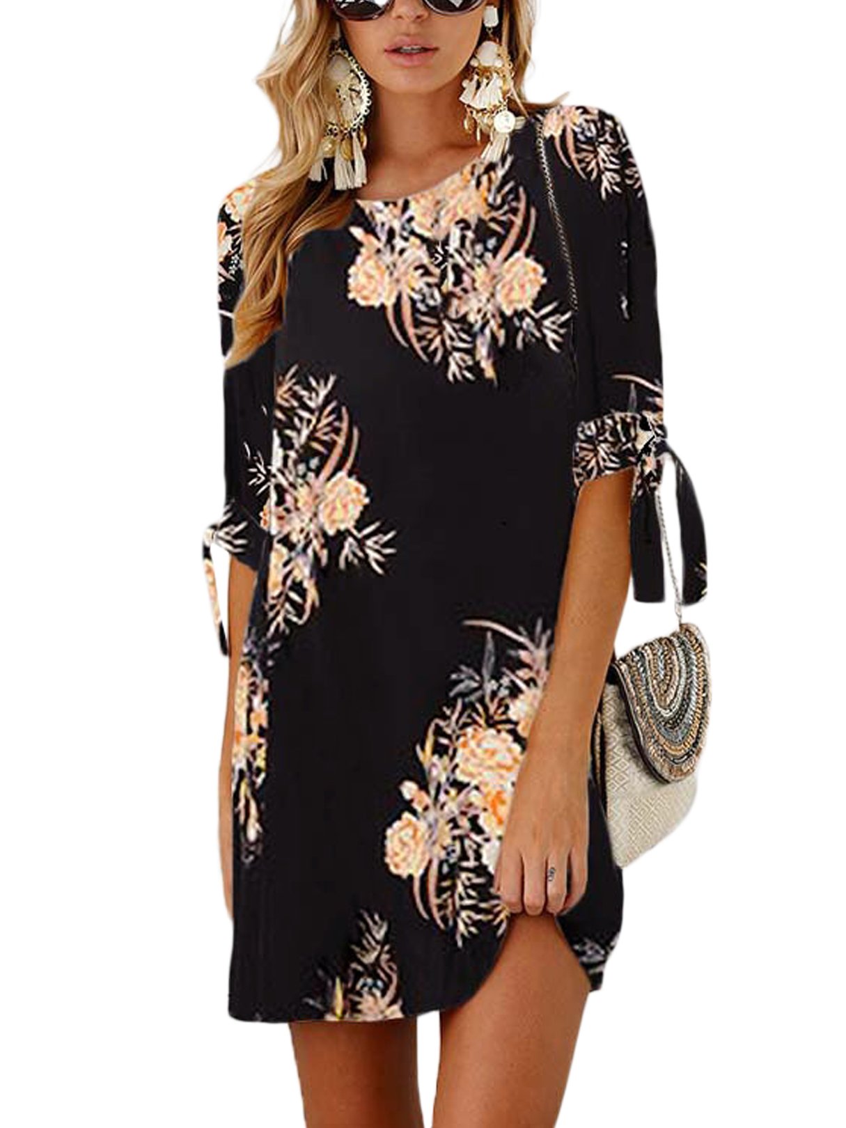 YOINS Damen Kleider Tshirt Kleid Sommerkleid für Damen Rundhals Brautkleid Langarm Minikleid Kleid Langes Shirt Lose Tunika mit Bowknot Ärmeln