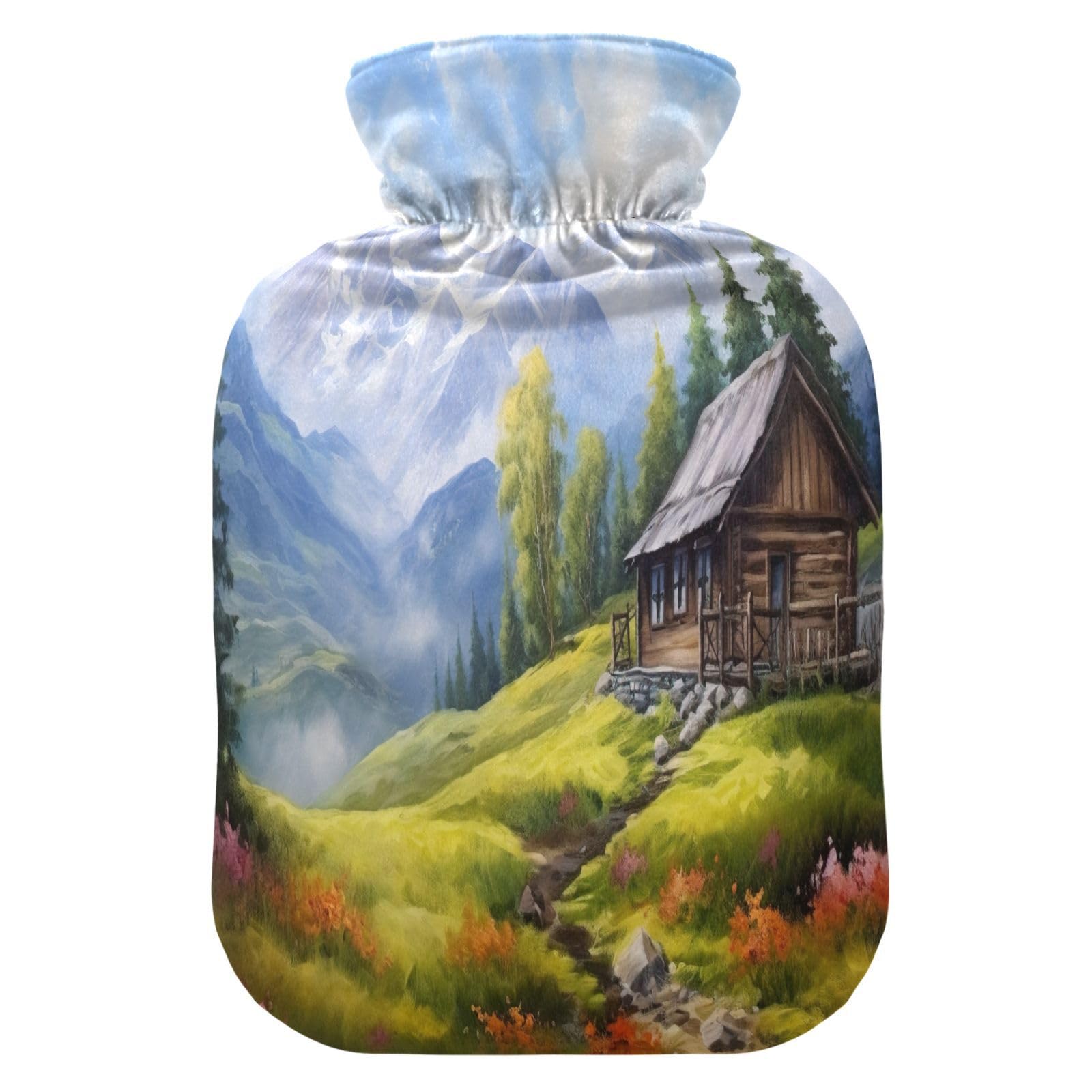 JUMBEARShanxia Wooden House Hot Water Bottles with Soft Cover, Pain Relief Hot Water Bag 1 L for Hand Feet Warm Water Bags Sleeping Comfortably