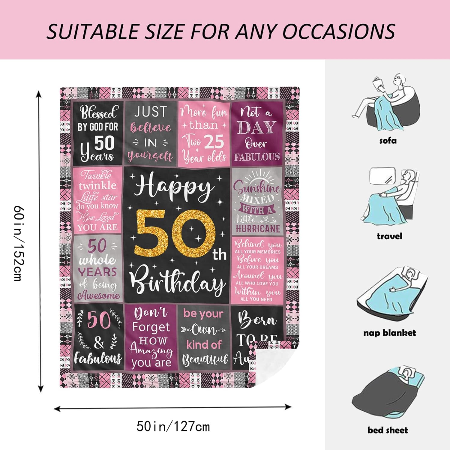 Amonee-YL 50th Birthday Gifts for Women, 50th Birthday Gift Blanket 50"X60", 50 Year Old Gifts for Women, 50th Birthday Gifts for Her, 50th Birthday Decorations, 50 Years Old Birthday Gifts for Woman - Image 7