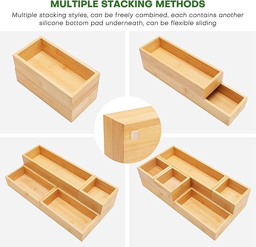 Miniatura 3 de Juego de organizadores de cajones de bambú, 9 organizadores individuales de almacenamiento de madera multiusos, divisor de cajones de basura y