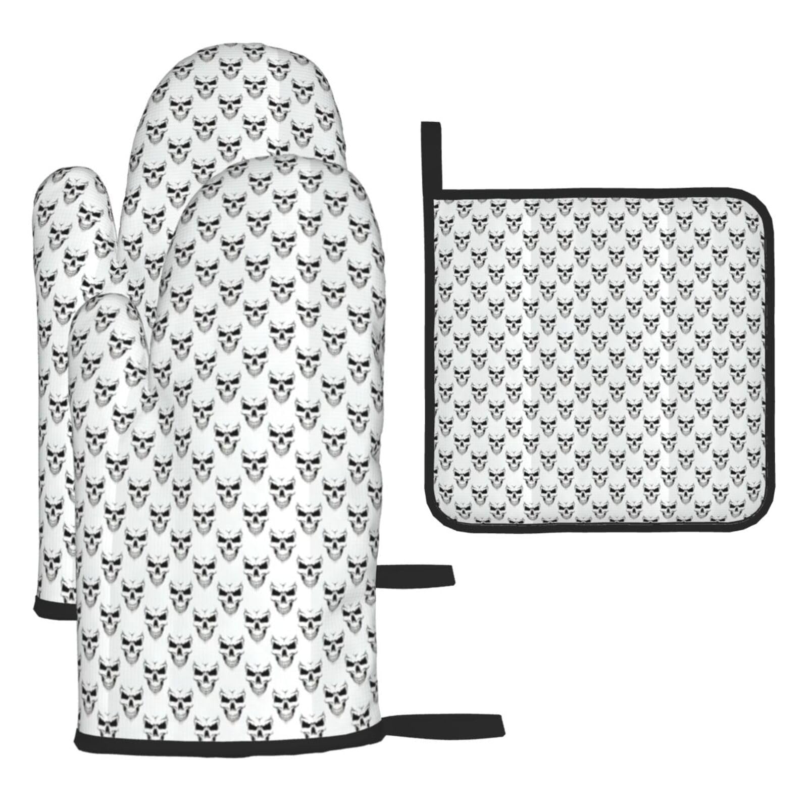 Halloween Themed Monochrome Skeleton Head Print Oven Mitts Kitchen Gloves Set Everyday Baking Grilling Microwaving Cooking Gift