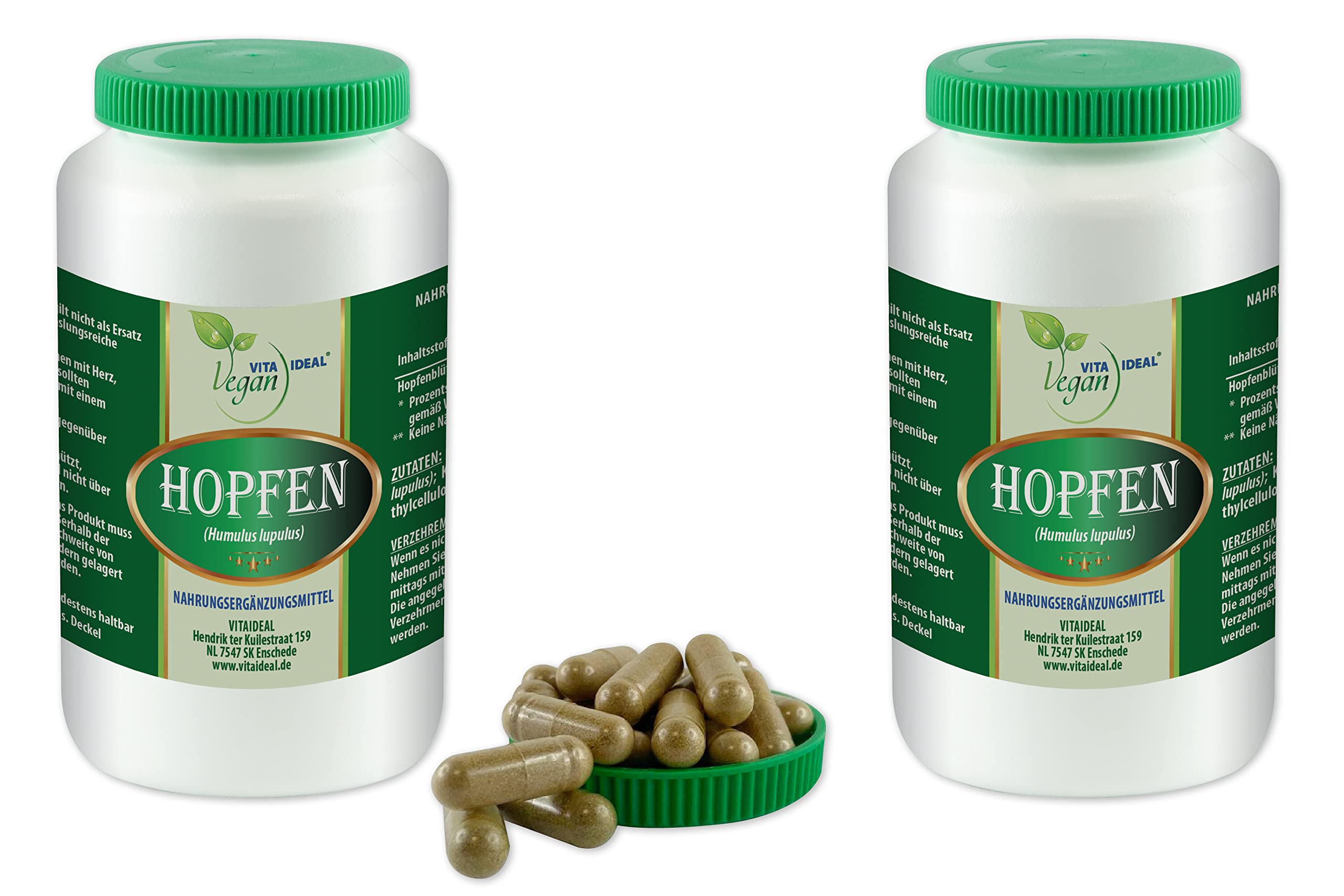 VITA IDEAL Vegan® HOPFEN - BLÜTEN 2x 360 - KAPSELN - Humulus lupulus - Tagesportion 460mg HOPFENBLÜTEN Pulver - natürlich, pflanzlich & ohne Zusatzstoffe.