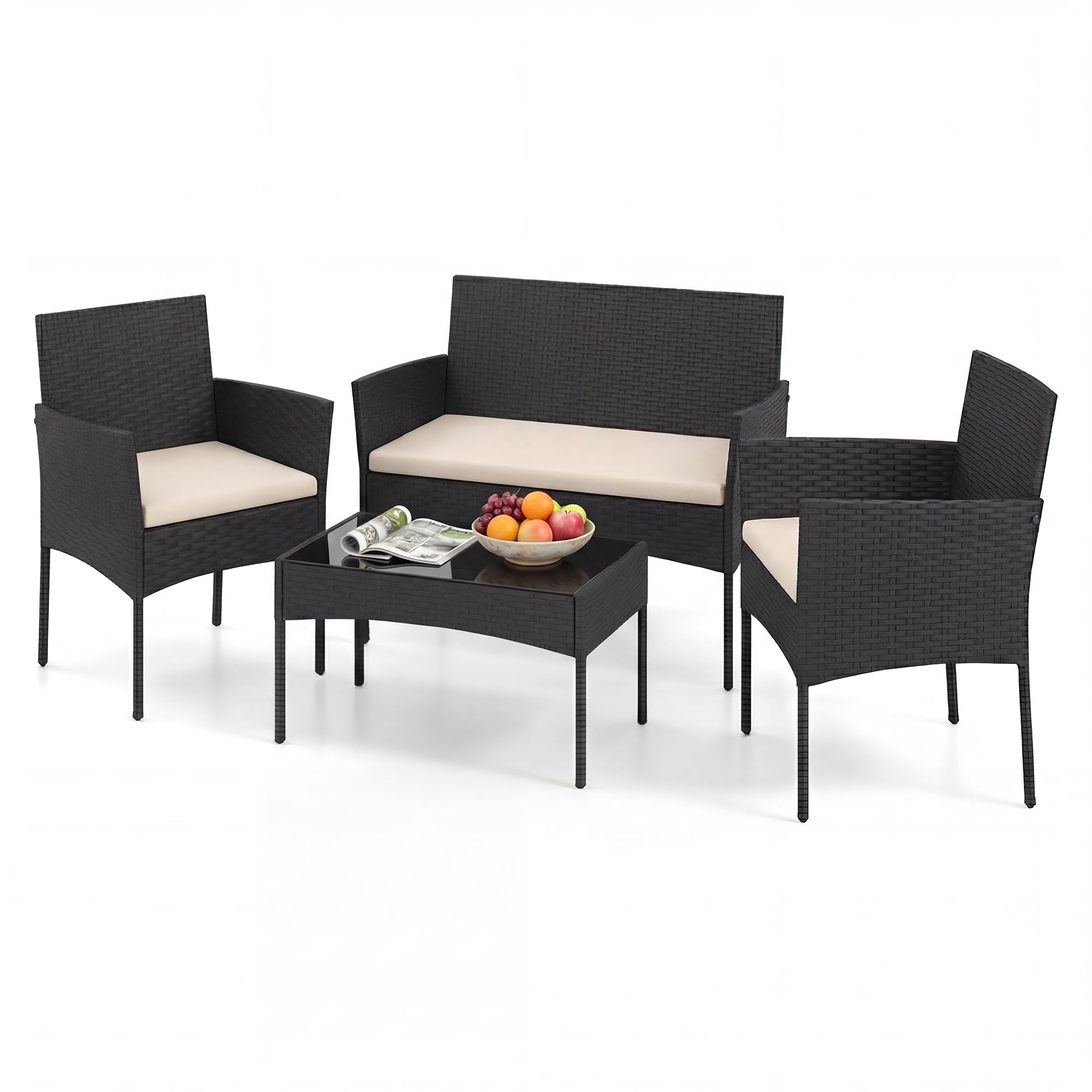 GIANTEX Juego de Muebles de Jardín de 4 Piezas, Conjunto de Conversación de Ratán PE Exterior con 2 Sillones, Sofá de 2 Plazas, Mesa de Vidrio Templado y Cojines, para Terraza Patio Piscina (Beige)