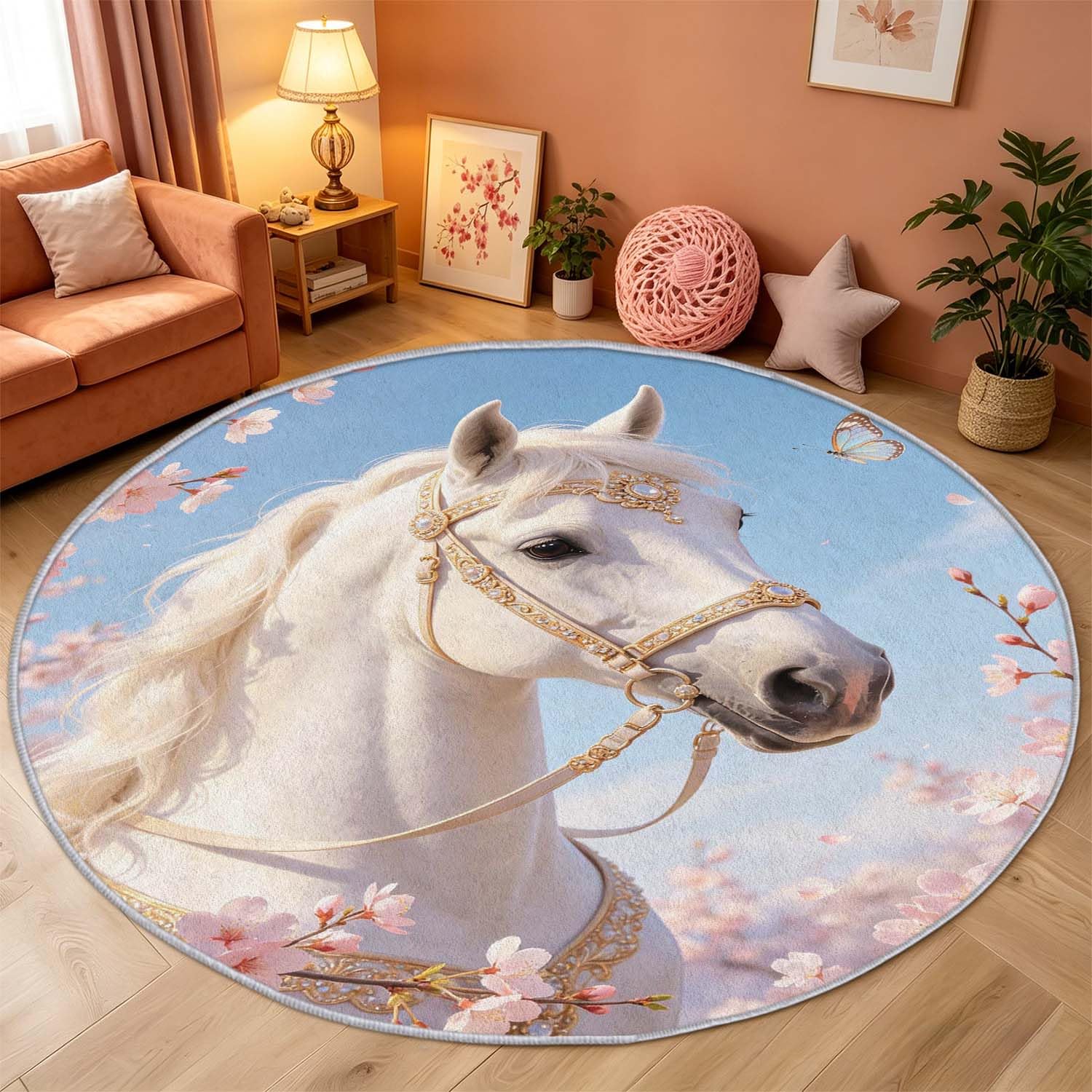 Tapis Rond Cheval 120 cm, Tapis Salon 3D Chevaux Poil Ras Lavable en Machine Antidérapant Doux Descente de Lit Chambre pour Cuisine, Chambre d'enfant, Bureau YDT2886