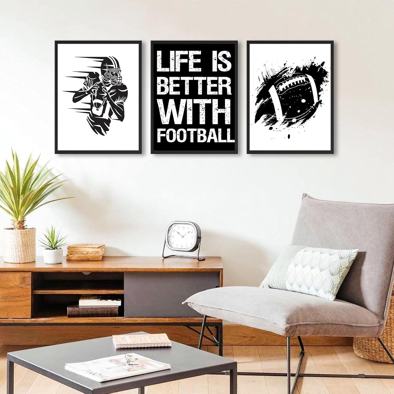 3Pcs American football wall art Black and White Rugby Wall Decor pictures Inspirational Painting Artwork Sports Poster Prints for Boys Room Locker Room Dorm Living Room Home Decoration