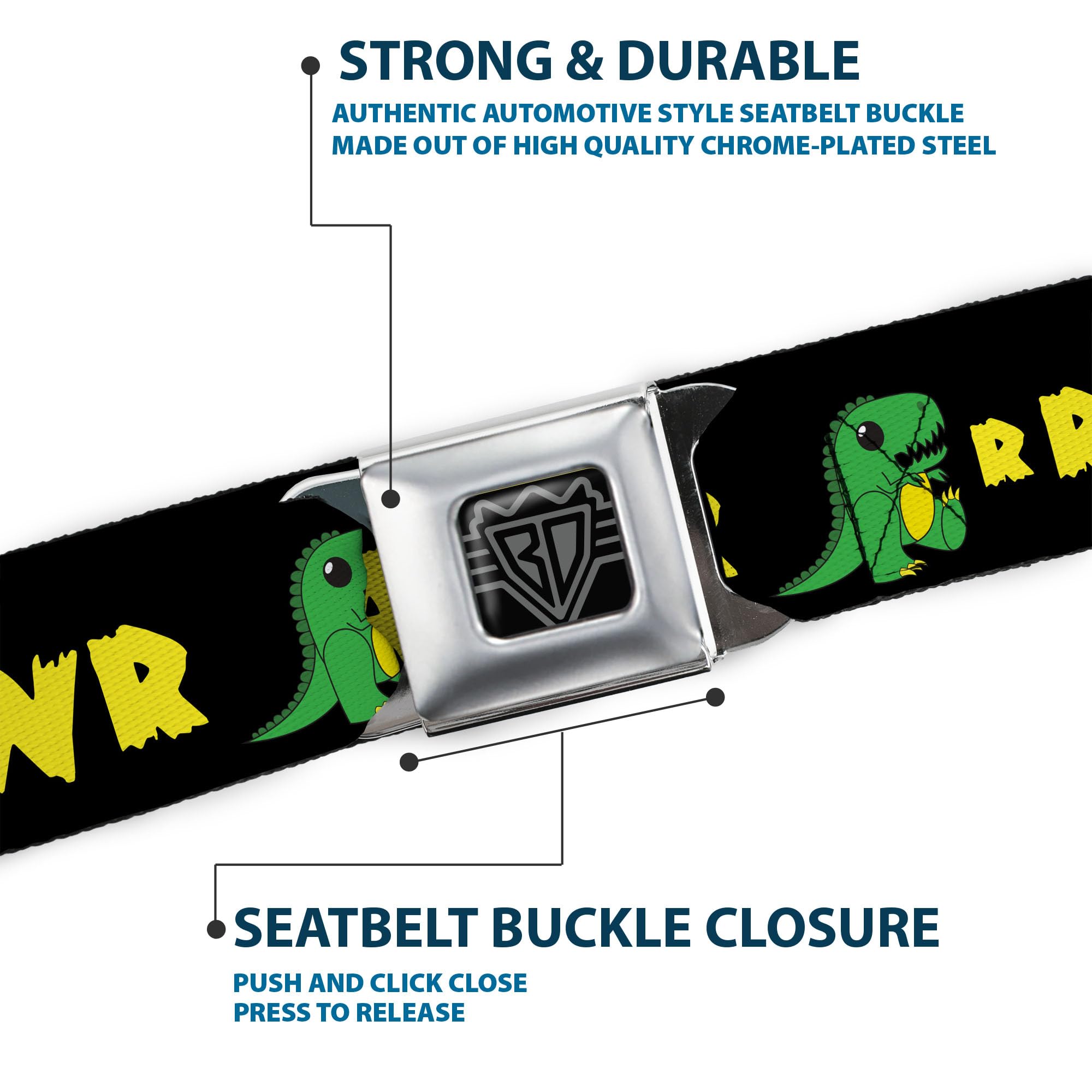 Buckle-Down RRRAWR Sicherheitsgurt Dinosaurier schwarz/grün/gelb 2,5 cm breit 50,8-91,4 cm lang