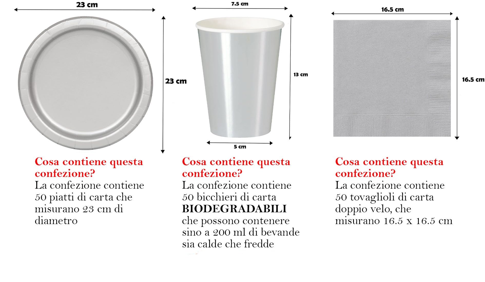 Kit festa di compleanno tinta unita color Argento per 50 persone eco-friendly (50 piatti ⌀ 23 cm, 50 bicchieri 200 ml, 50 tovaglioli 33x33 cm)
