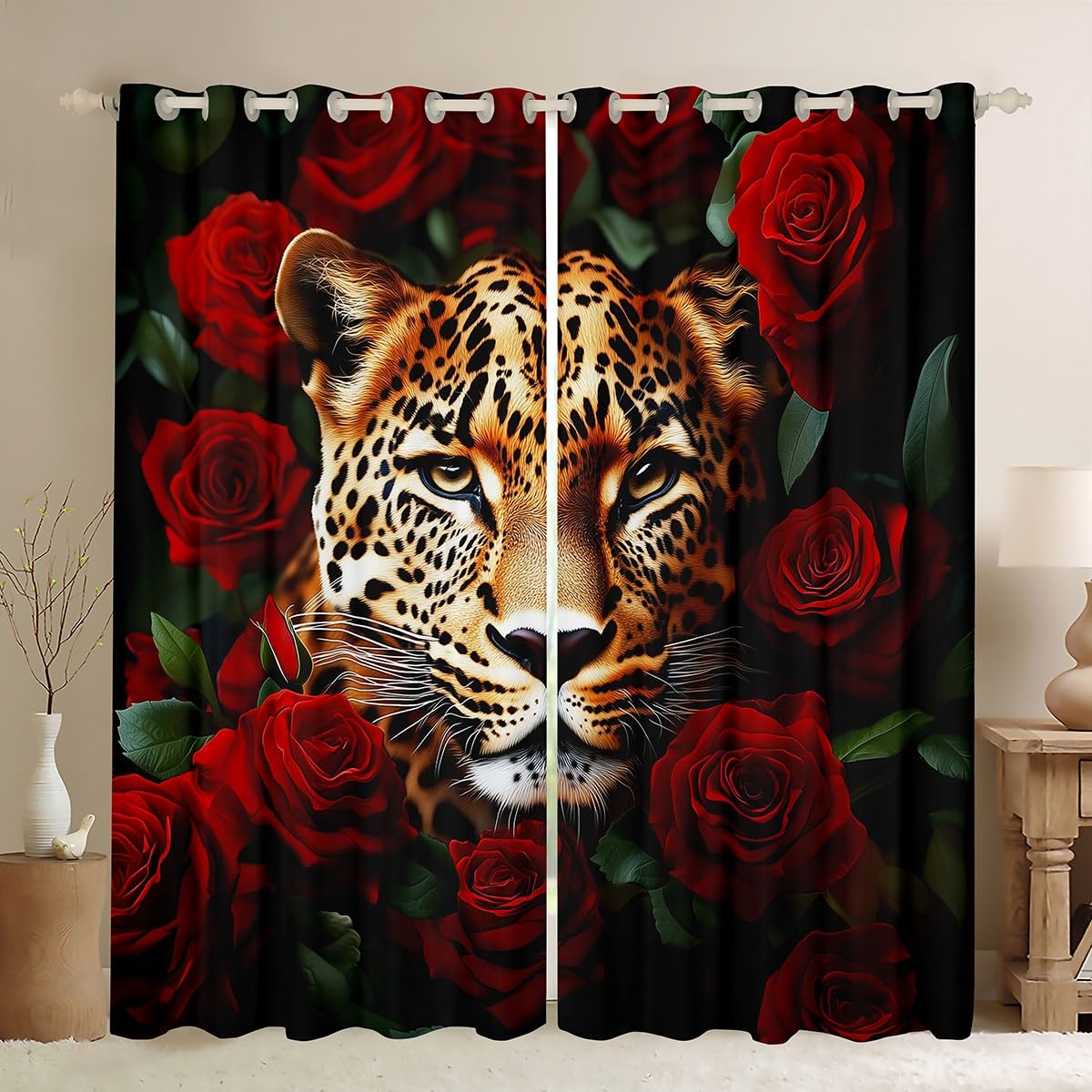 Manfei Leopard Window Drapes,Rose Flower Floral Leaves Blackout Curtains,Animal Wildlife Mysterious Nursery Bedroom Playroom Decor,Red Yellow Black 2 Panels,46Wx54L inch