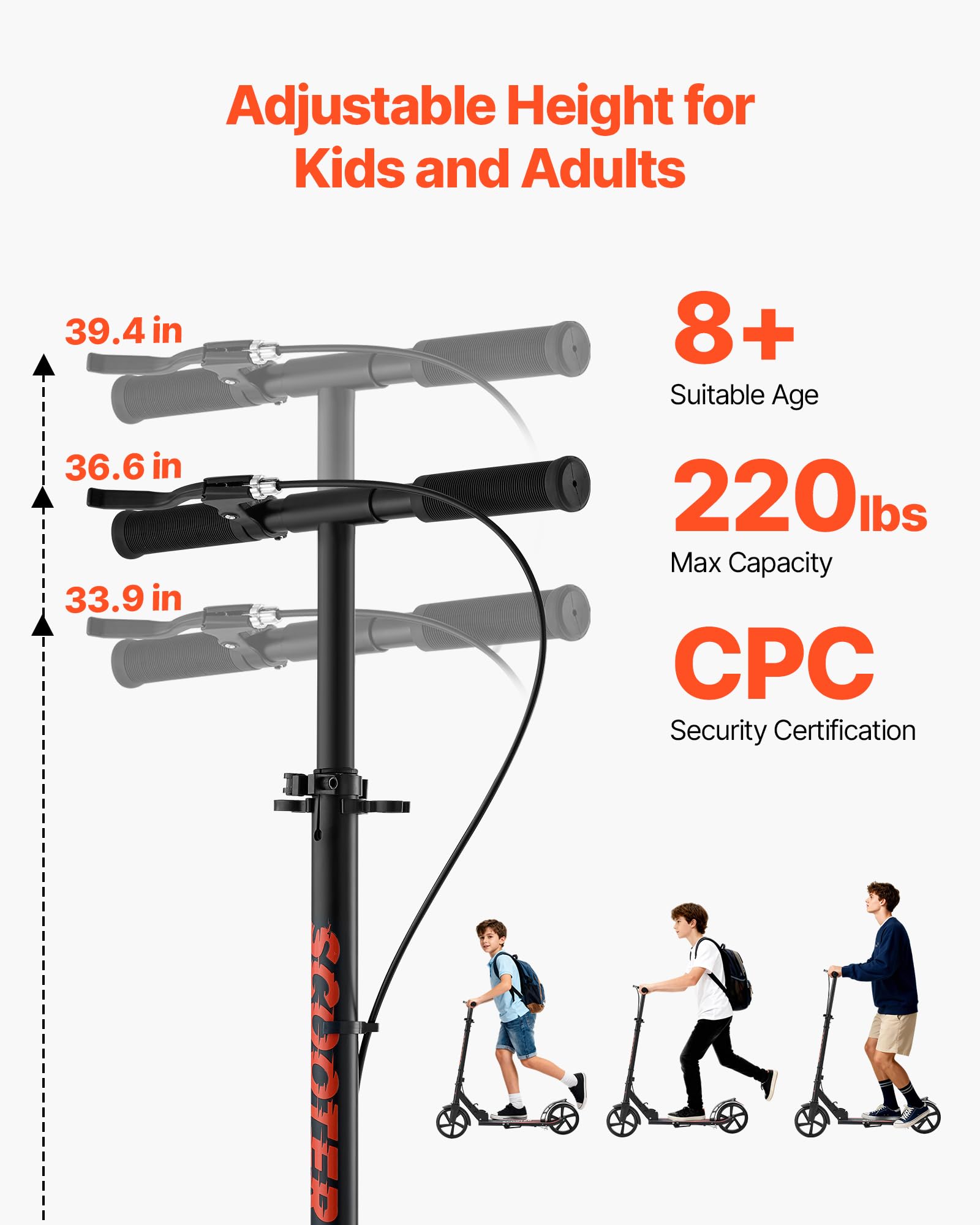 VEVOR Patinete para Niños a Partir de 8 Años, 2 Ruedas, con Manillar Regulable en Altura y Base Antideslizante, Freno de Mano, Marco de Aleación Aluminio, hasta 100 kg, Negro, 900 x 380 x 1000 mm