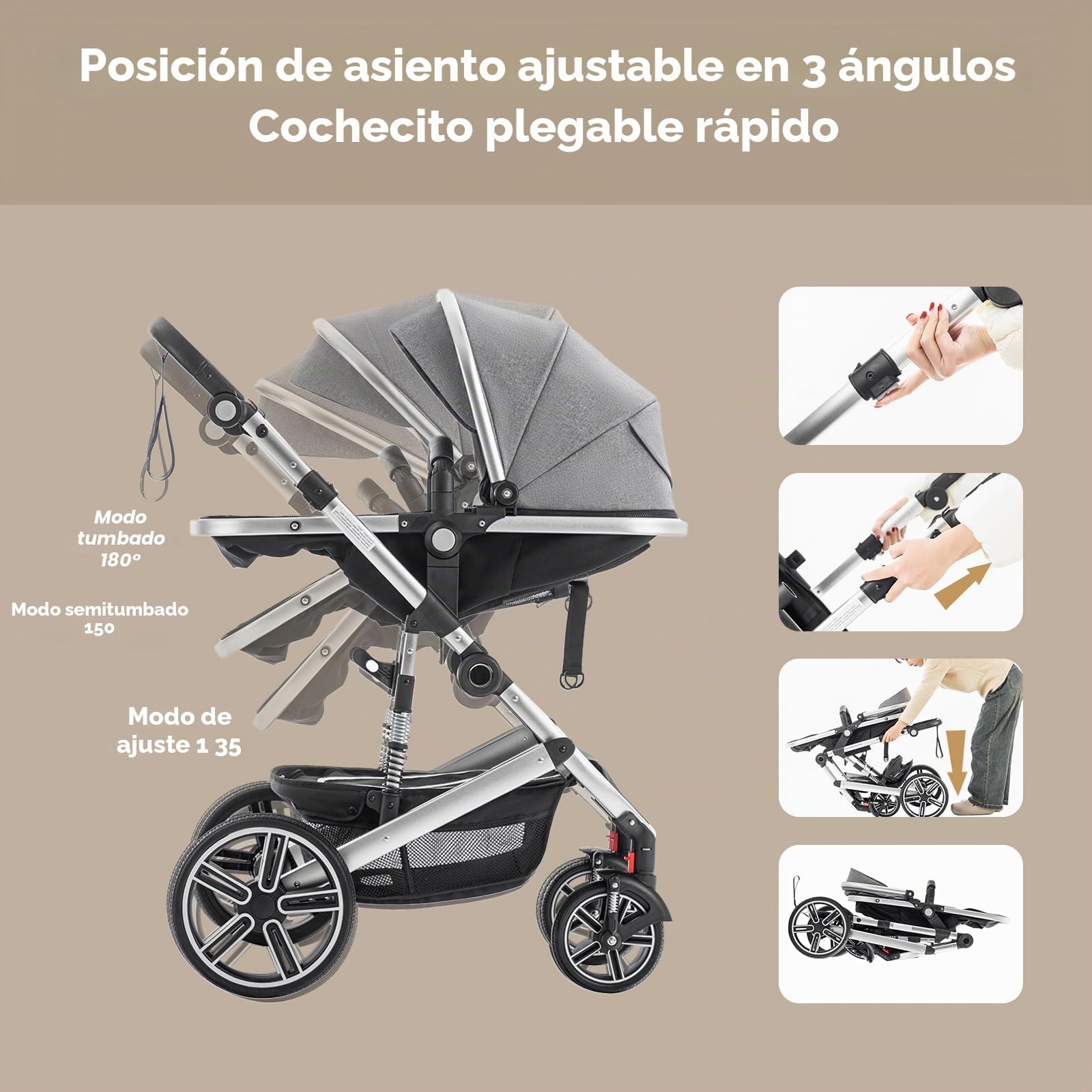 Zkiprm Cochecito de bebé 3 en 1 con sistema de viaje, cochecito y asiento de coche, cochecito con asa ajustable en altura, con mosquitera, viaje con marco de aluminio