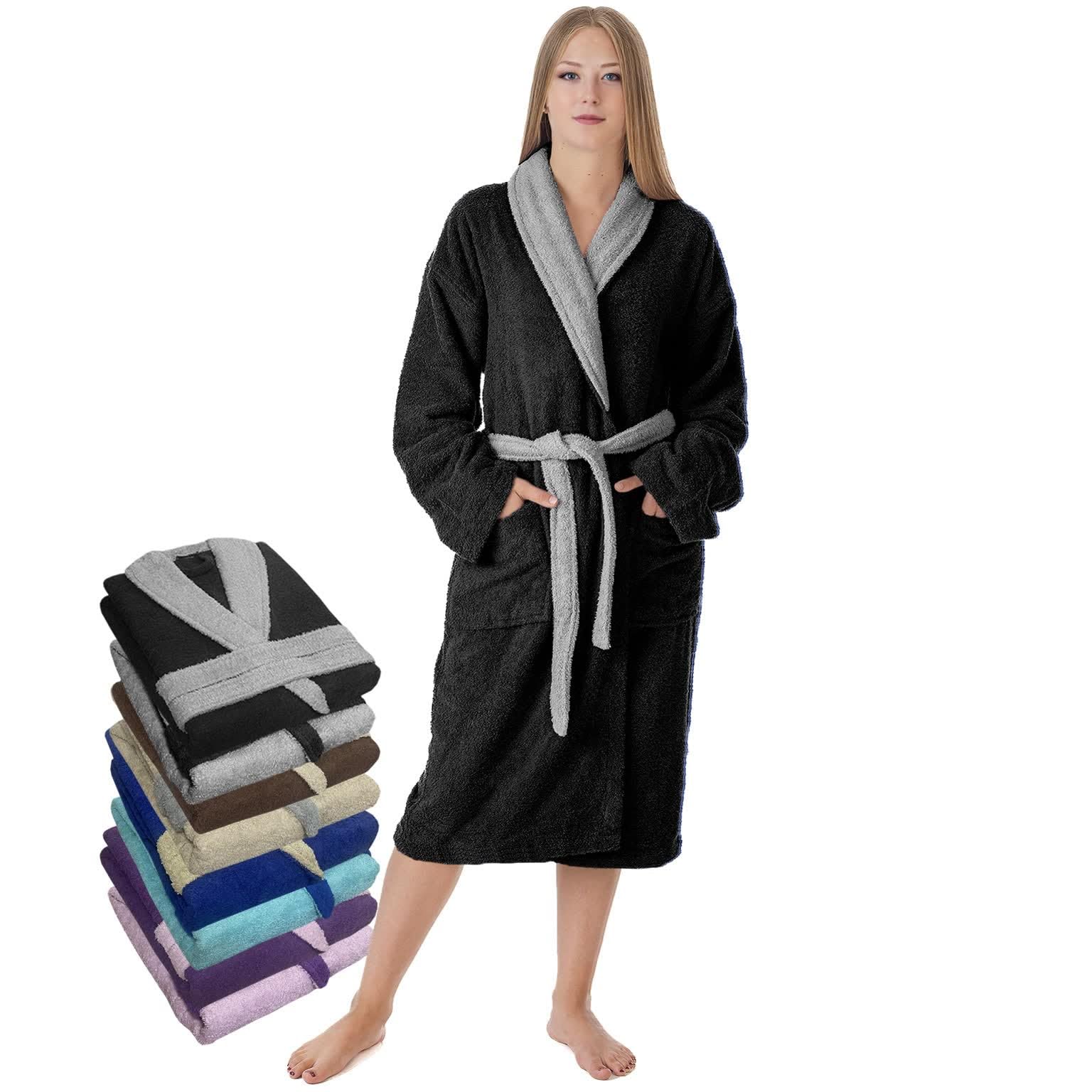 LEBENGOOD Peignoir pour femme 100% coton éponge américain 450 g/m² doux absorbant unisexe OEKO-TEX vec ceinture, poches, douche, peignoir doux, serviett