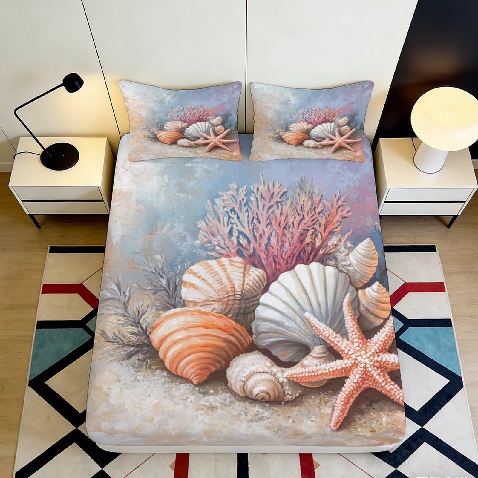 3D Printed Seashell Coral Fitted Sheet Microfiber Soft Coastal Starfish Mattress Cover for Bedroom Guest Room Decor 90x200x25cm
