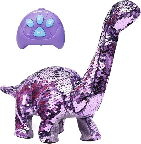 Monealpis Juguete reversible de dinosaurio de lentejuelas con control remoto para niños, juguete Indominus Rex con repetición, caminar y cantar,