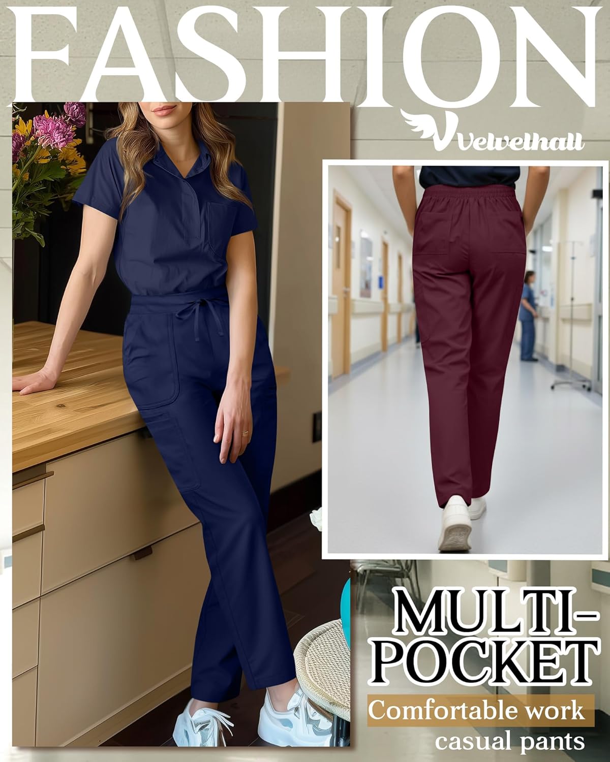 2 Pack Women's Scrub Pants Elastic Waist Drawstring Cargo Pants with 8 Pockets Straight Leg Casual Joggers - Image 6