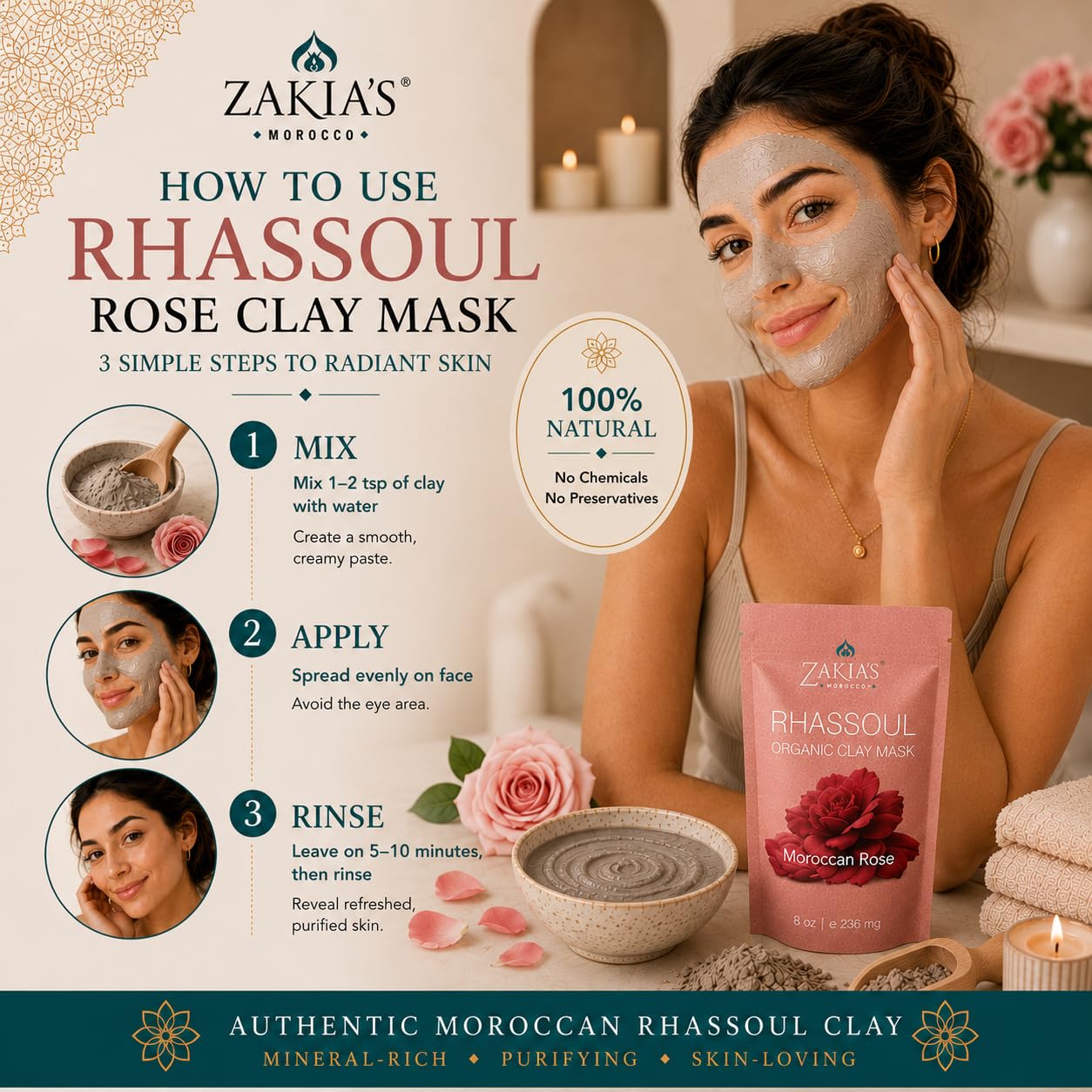 Zakia's Morocco Ghassoul''rassoul'' marokańska glina - aromat różany