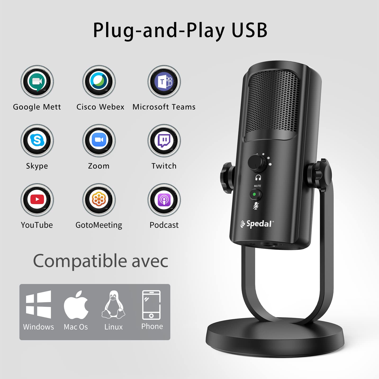 Microphone USB Pour Streaming, Enregistrement - 4 Modes (cardioïde, Stéréo...), Filtre Pop Intégré, Sortie Casque - Compatible PC/Mac