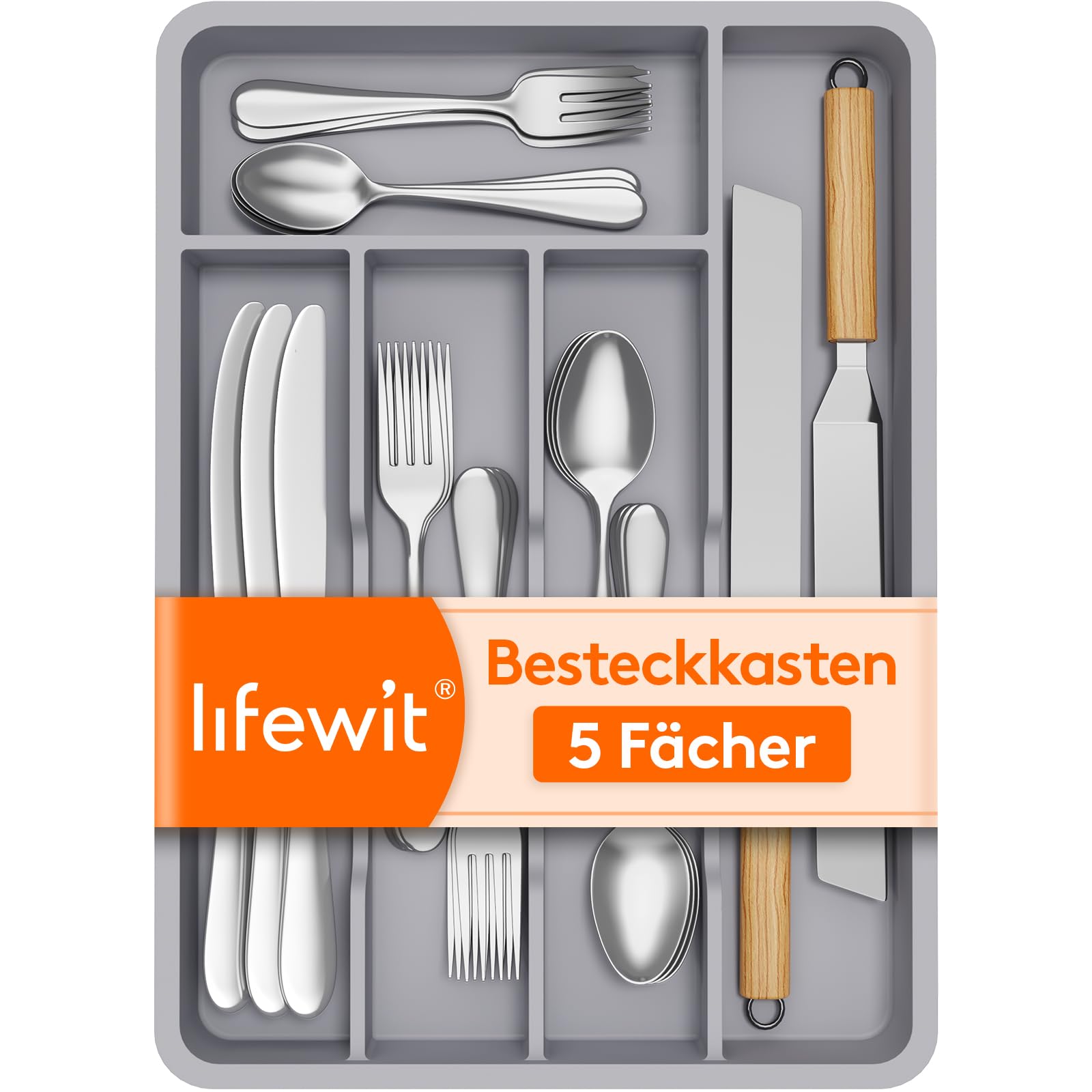 Lifewit kleiner Besteckkasten für Schubladen, 5 Fächern Besteck Organizer, 24 x 34 cm Schublade Organizer Küche, Besteckeinsatz Utensilienhalter aus Kunststoff für Löffe/Gabeln/Messer, Grau