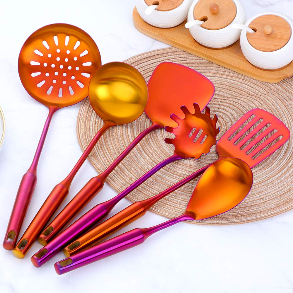 Ustensiles de cuisine 6 pièces acier inoxydable Écumoire Louche Spatule de Cuisine Tourneur à fente Riz Pasta Server avec support