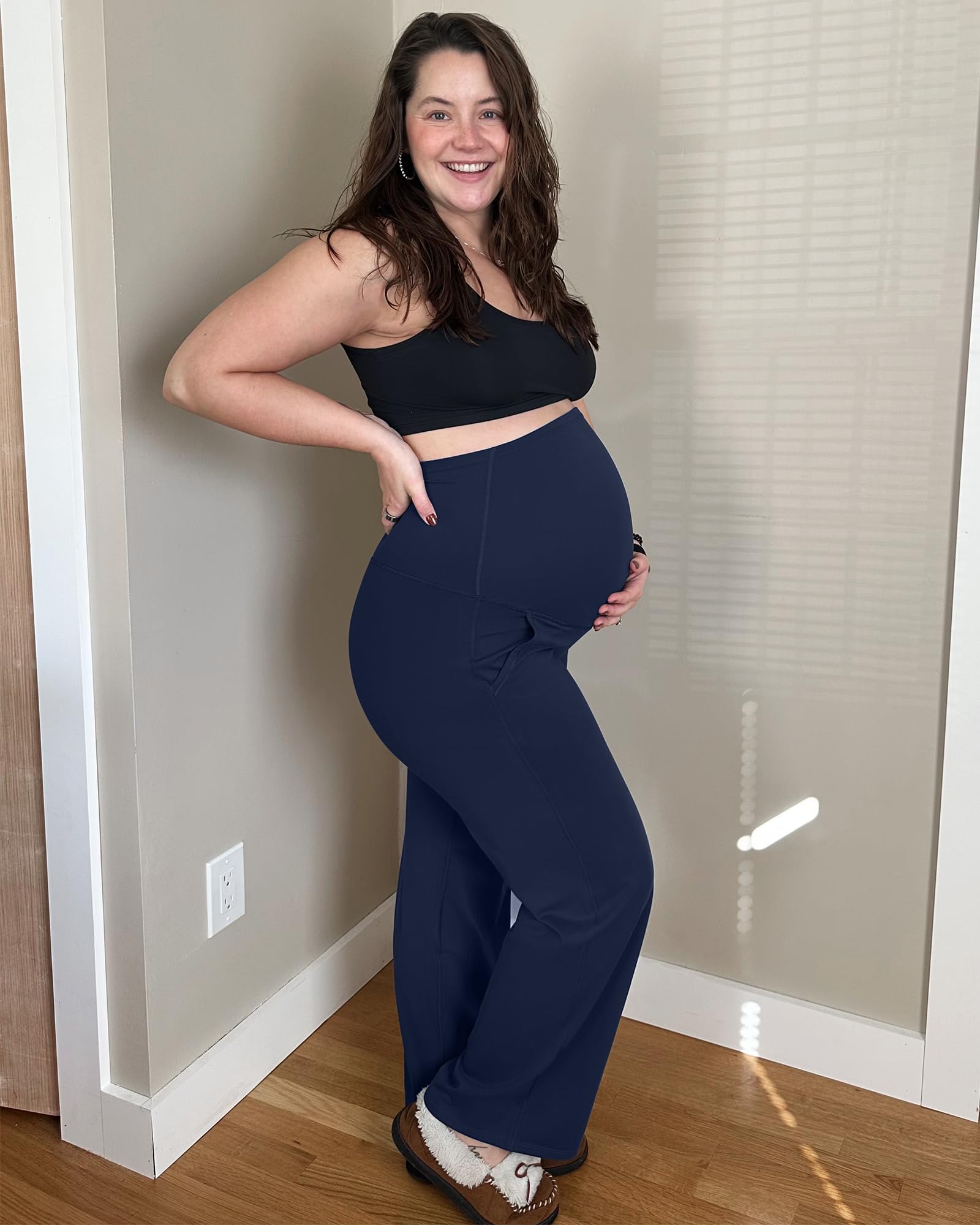 G4Free Pantaloni premaman sopra la pancia, per yoga, lavoro, gravidanza, elasticizzati, a gamba larga, con tasche