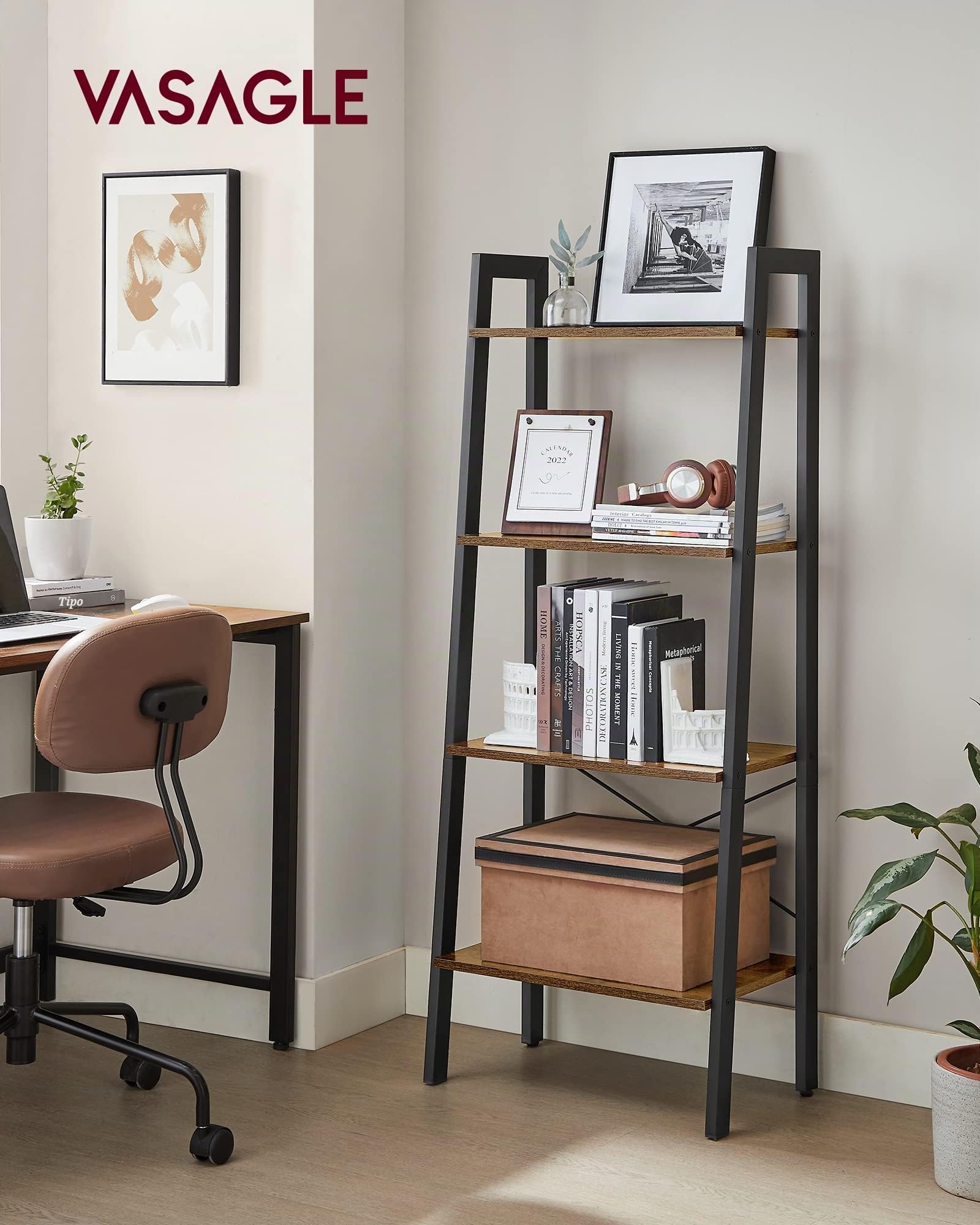 VASAGLE Scaffale a Scala, Libreria a 4 Ripiani, Scaffale Portaoggetti, per Soggiorno Camera da Letto Cucina Studio, Stile Industriale, Struttura in Acciaio, Marrone Vintage e Nero LLS44X