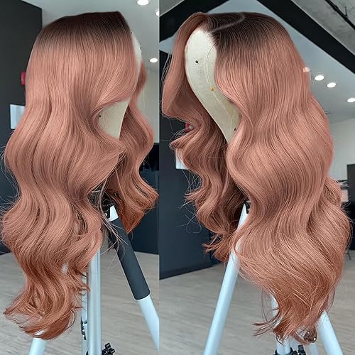 Miniatura 5 de Swetcurly Peluca sintética de color negro a rosa degradado para mujer, pelucas largas de onda natural resistente al calor, aspecto natural, color