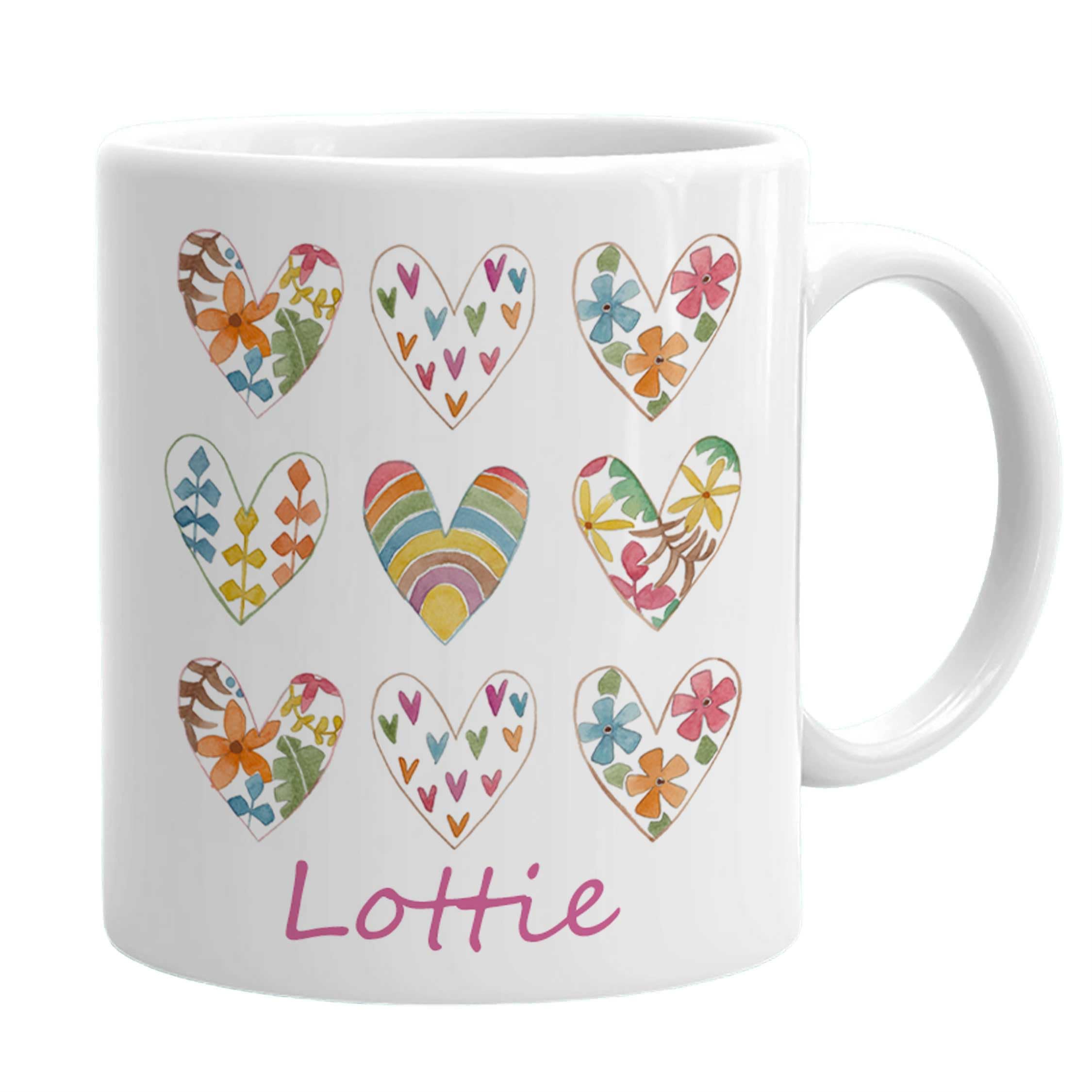 Tigerlilyprints Personalised Kids Plastic Mug with Name – Girls Unbreakable Beaker Cup 9cm – Custom Drinking Mug – Birthday, Easter Gift, Outdoor Cup for Children (Flowerheart)
