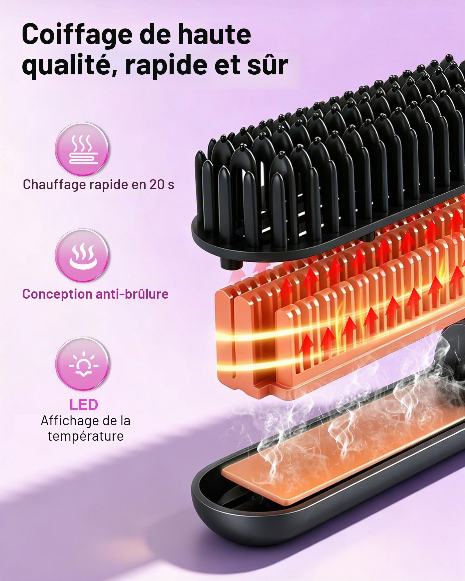 Brosse à lisser sans fil avec batterie, brosse lissante ionique 160–200 °C, 3 niveaux de température, écran LED, brosse à lisser en céramique USB-C, portable pour voyage et coiffage