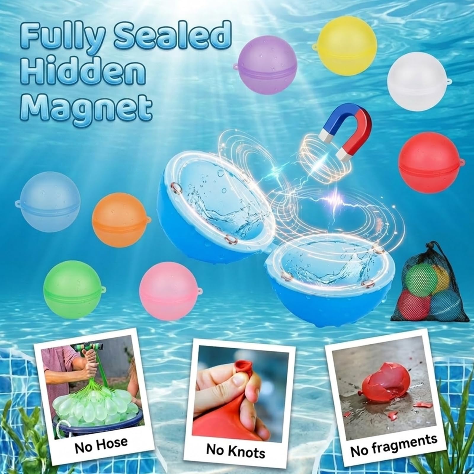 Wiederverwendbare Wasserbomben mit Netzbeutel, 16 Stück Silikon Wasserbomben Selbstschließend,Magnetisch, Wiederverwendba für Wasserspielzeug Pool Spielzeug Strandspielzeug,für Kinder & Erwachsene