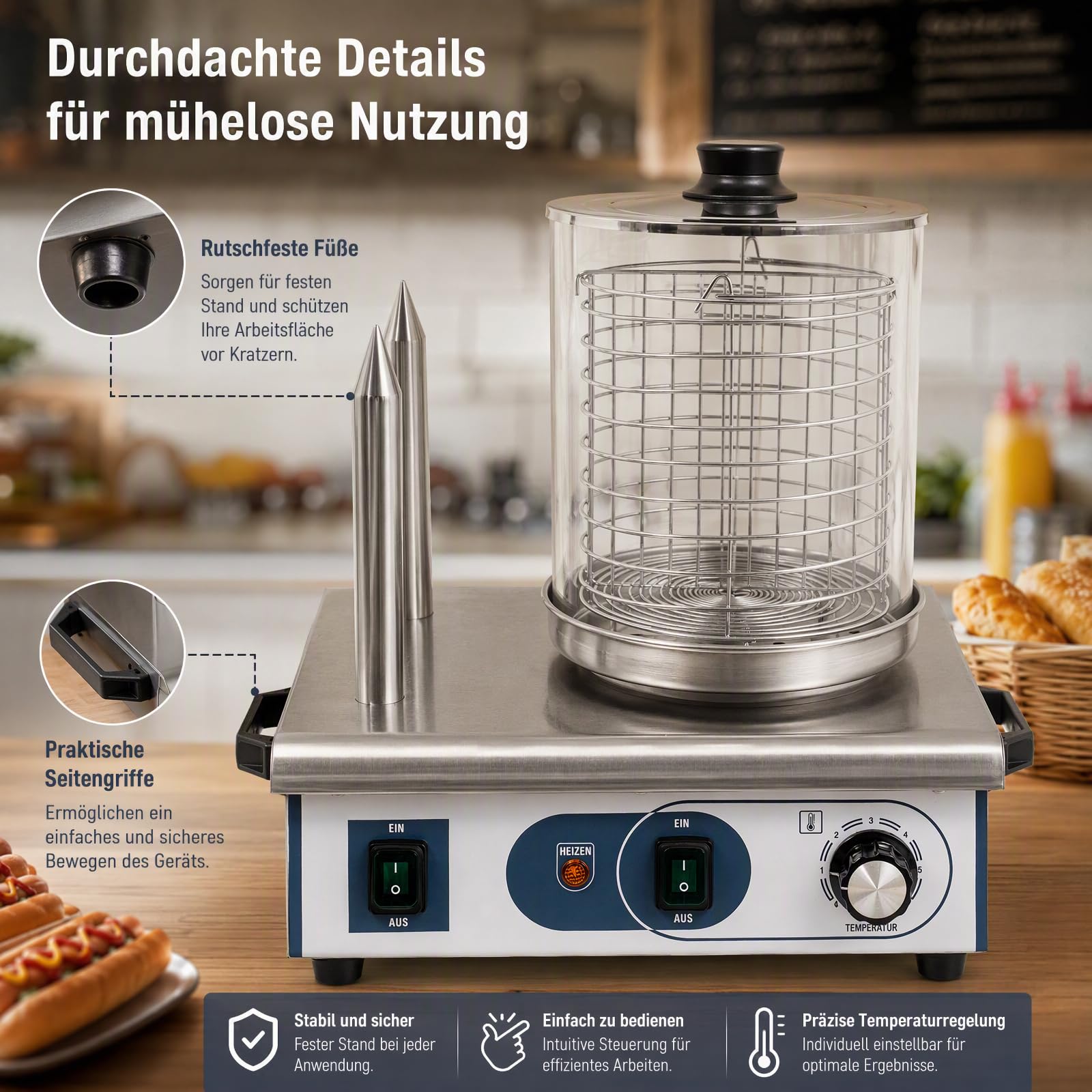 Hot Dog Wärmermaschine, 550W 220V Edelstahl Broterwärmer Würstchenwärmer Freistehend Gewerblicher Hot Dog Maschine Bockwurstwärmer mit 2 Heizspießen für Frühstücksläden Restaurants Food Trucks