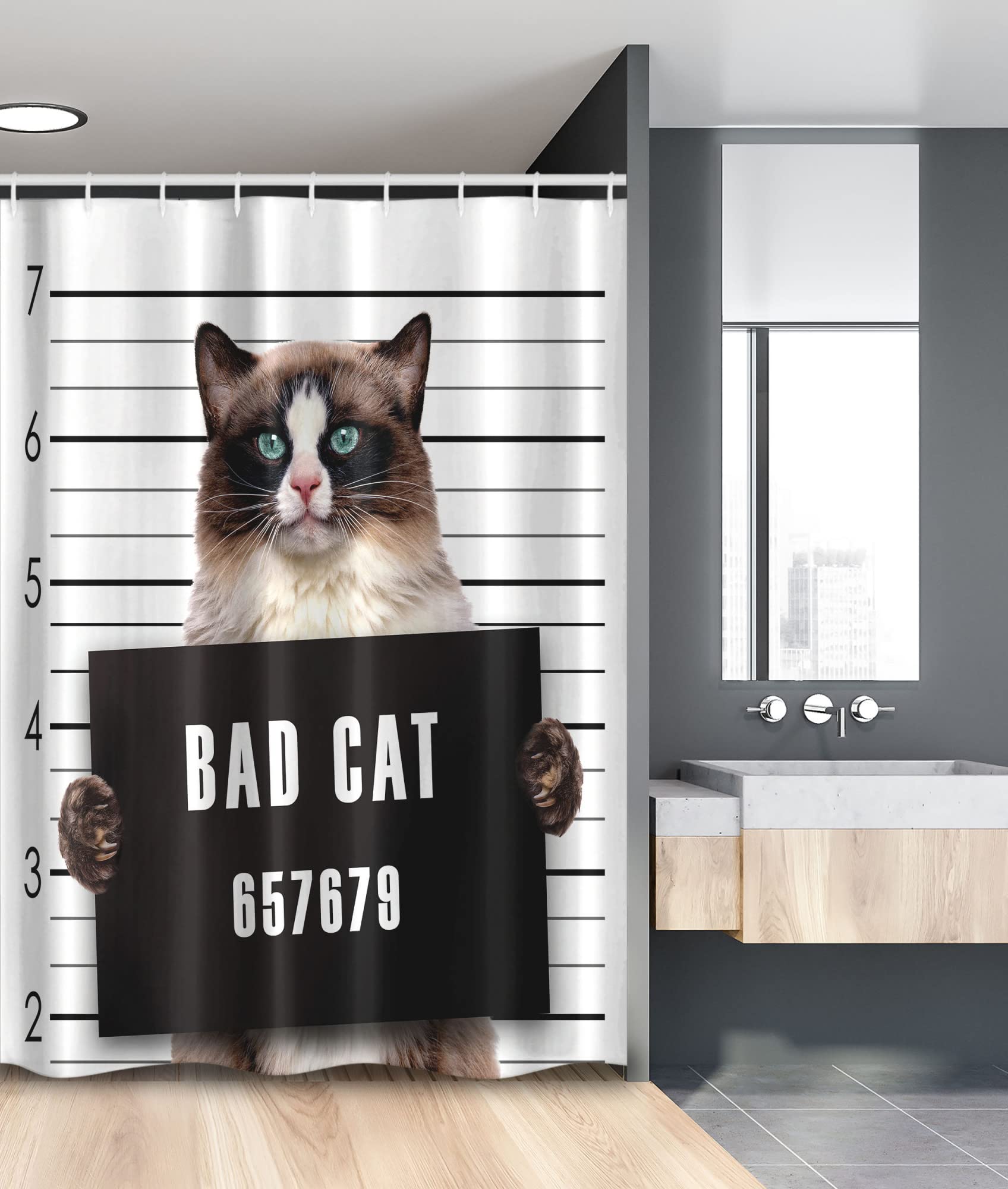 Ambesonne Cat Stall Shower Curtain, Bad Gang Cat in Jail Kitty Under Arrest Criminal Prisoner Hangover Work, Fabric Bathroom Decor Set with Hooks, 54"