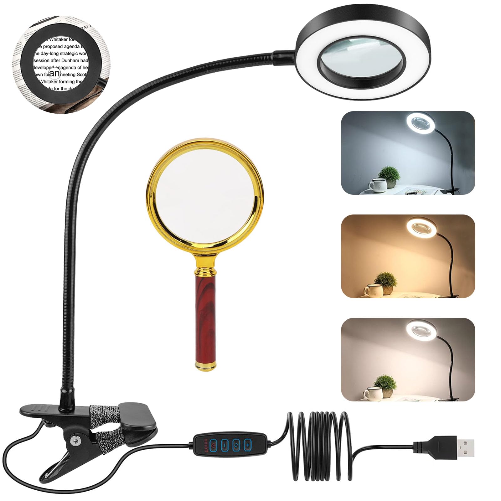 cersaty 1 STK lupenlampe, lupenlampe mit licht 5 fache lupenleuchte Schwarz Lampe mit Lupe für Leiterplatten Reparaturen, Lesen, Nähen usw mit 1 STK Handlupe