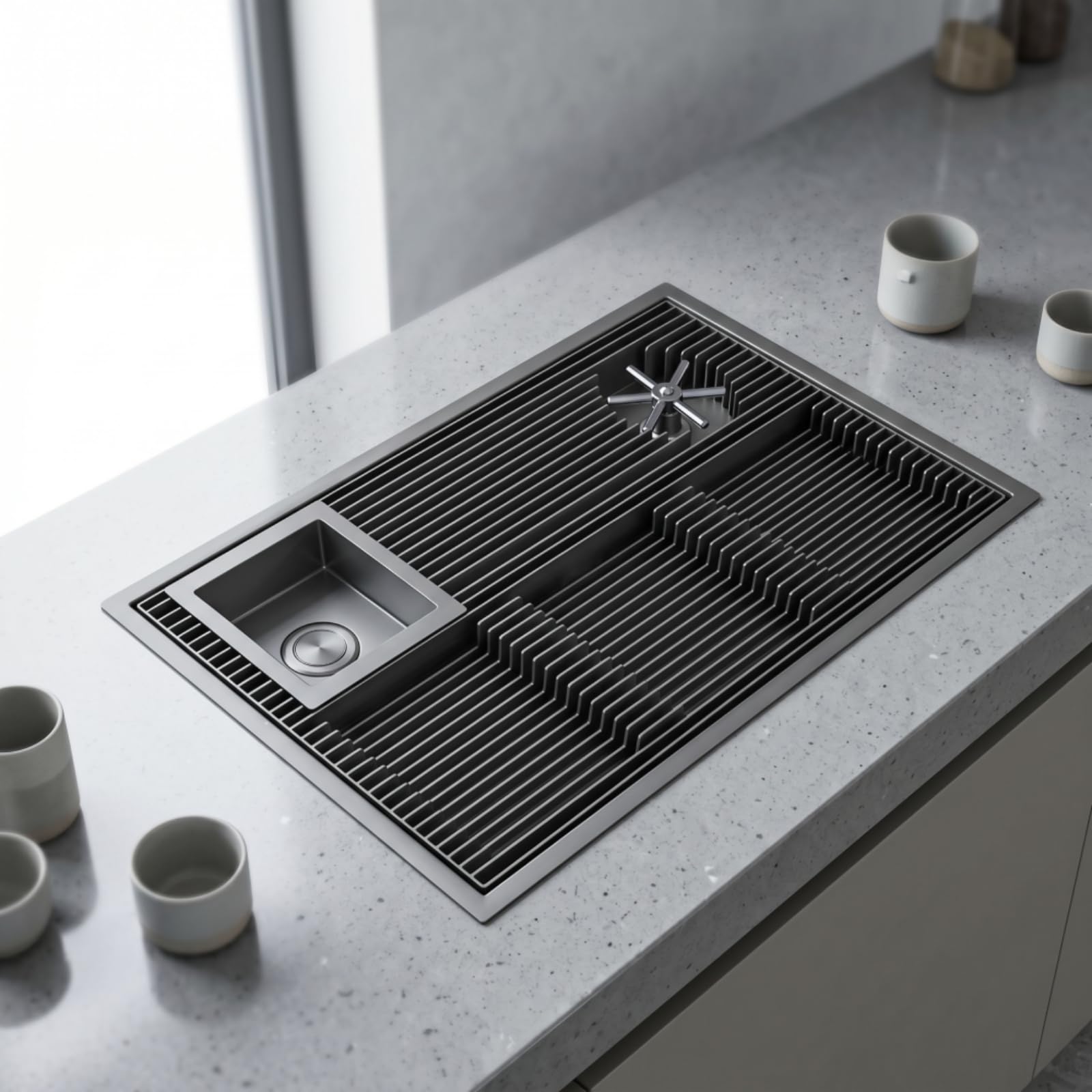 predolo Panel Goteo con Lavavasos Resistente Estación Multifunción para Bar con Enjuagador Versátil Enjuagadora Recipientes para Baristas, Cafeterías, Cocina, Acero