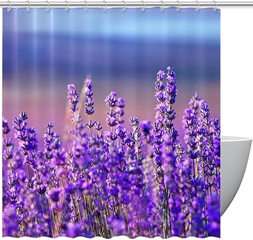 KXO Cortina de ducha de flores de lavanda púrpura malva, impermeable, lavable, juego de cortinas de baño de poliéster con ganchos, 72 x 72 pulgadas