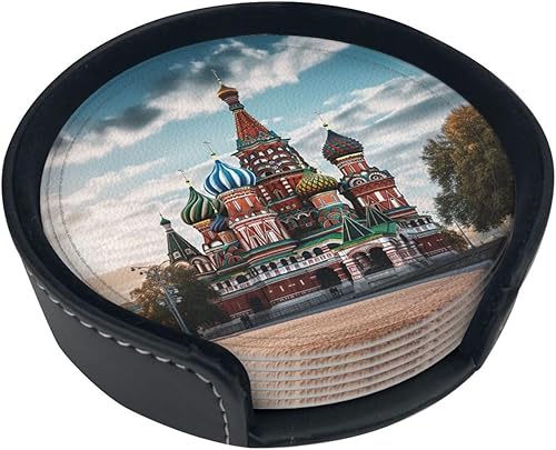 Catedral de San Basilio - Juego de 6 posavasos redondos de cuero antideslizante para protección de mesa, tapete para decoración de mesa