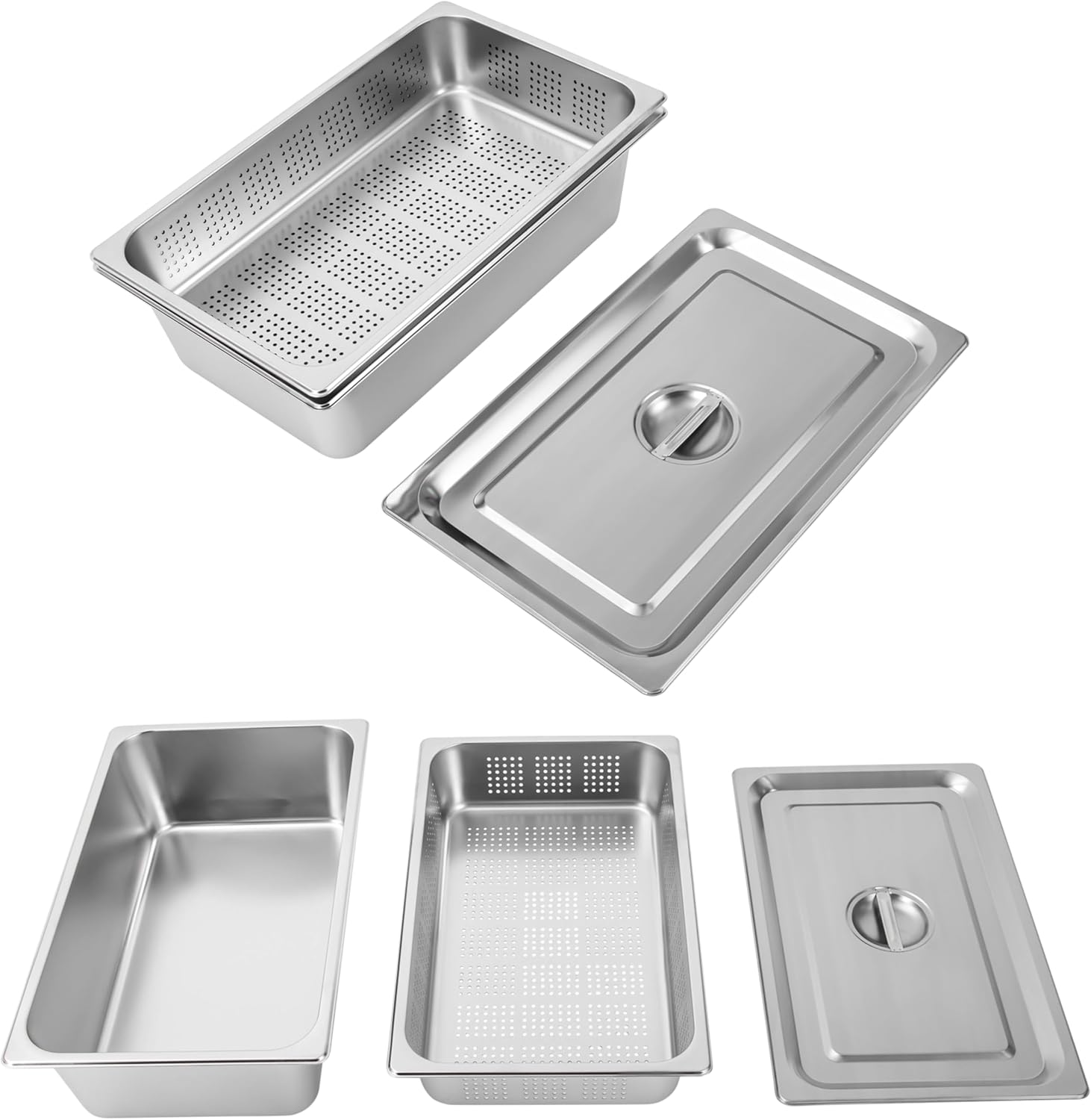 A Set Full Size Steam Table Pan Hotel Pan with Perforated Steaming Basket and Lid, Food Warmer Food Pan Tray Buffet Servers Pans Hot Water Pan for Restaurant Catering Kitchen Supplies