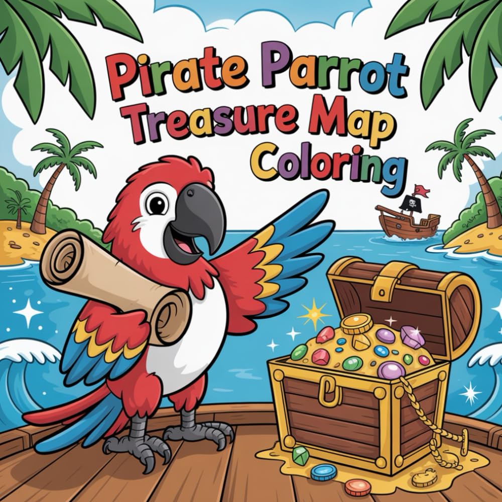 Pirate Parrot Treasure Map Coloring: Set sail on a colorful pirate journey full of parrots, maps, treasures, and bold surprises!