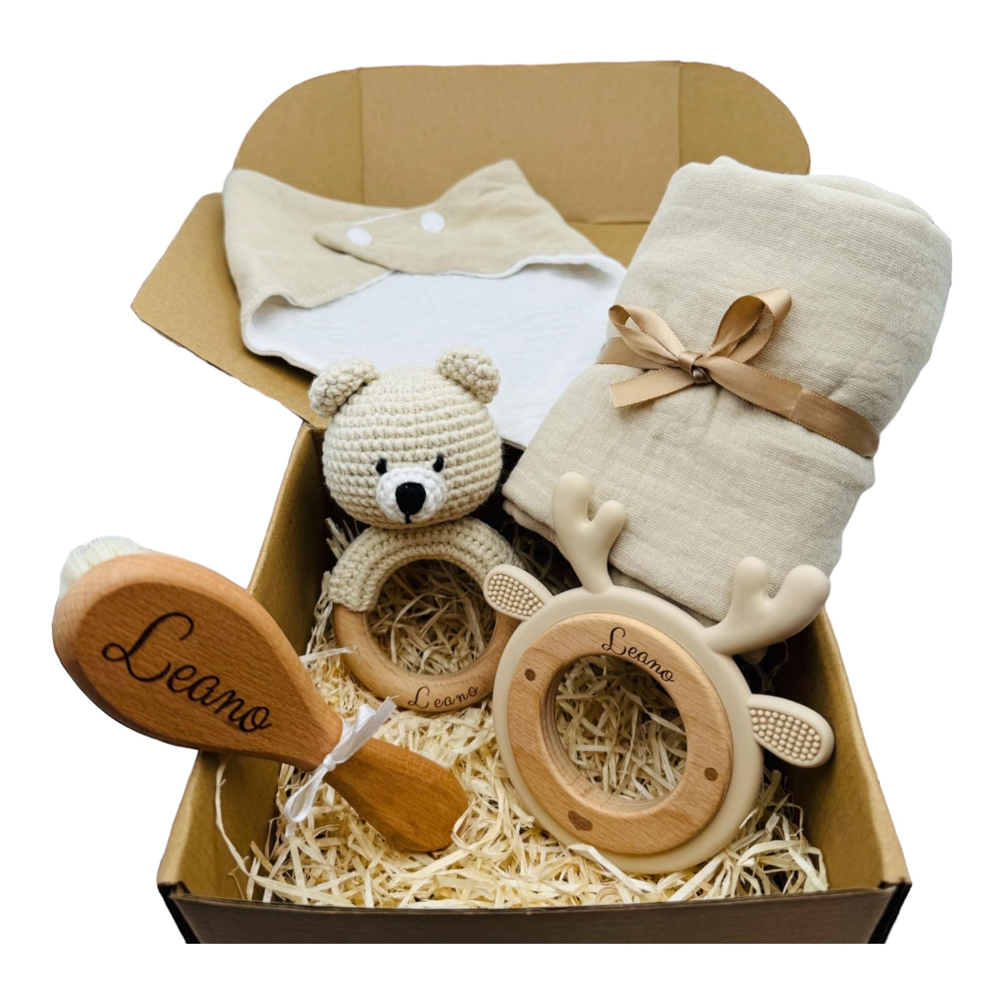 Babyset mit Beissring, Rassel, Mulltuch und Latz