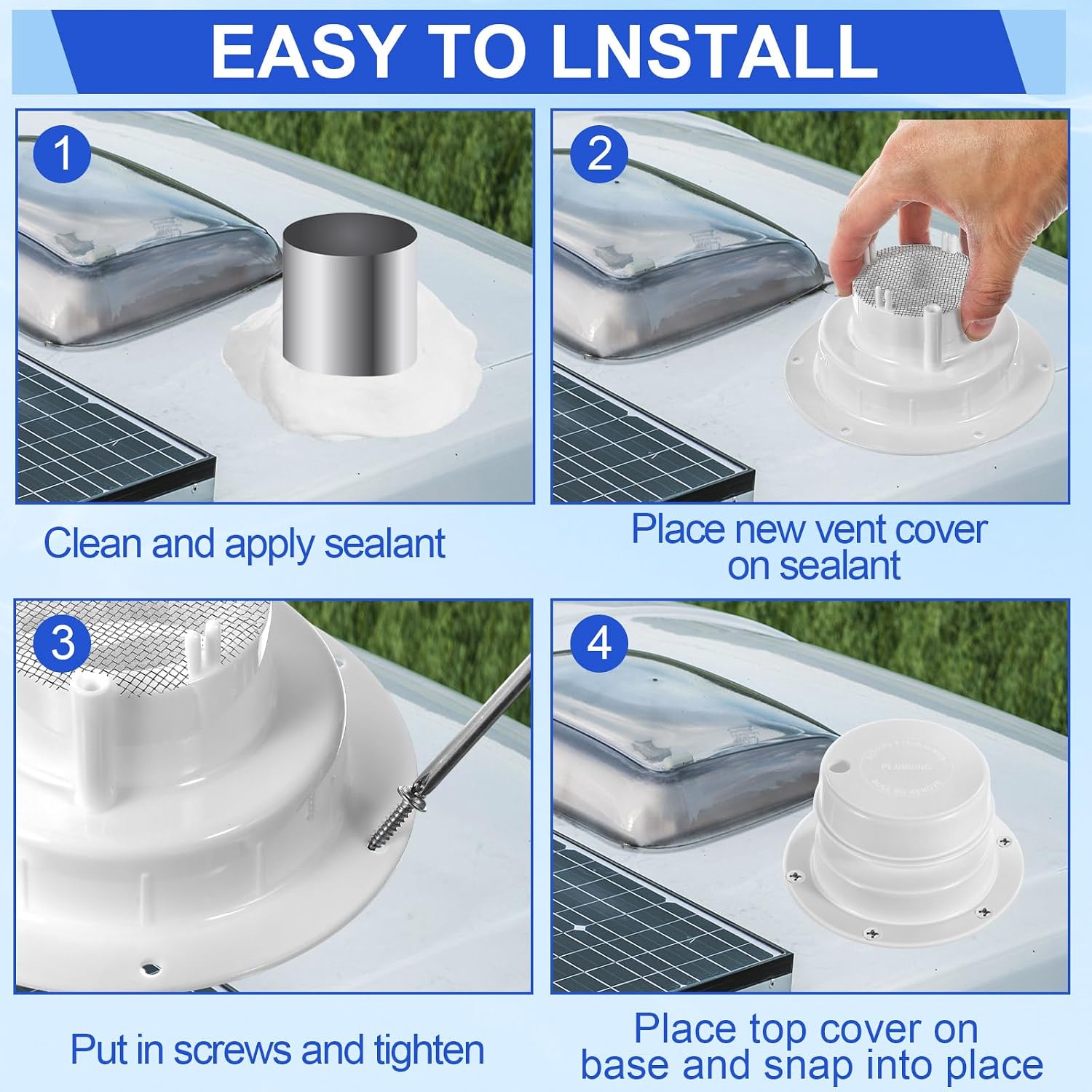 Colingmill 4 Pack Rv Roof Vent Cover Kits Rv Plumbing Camper Vent Caps with Screen Putty Tape and Screws for Trailer Motorhome Cap Replacement for 1 to 2 3/8 Pipe(White)