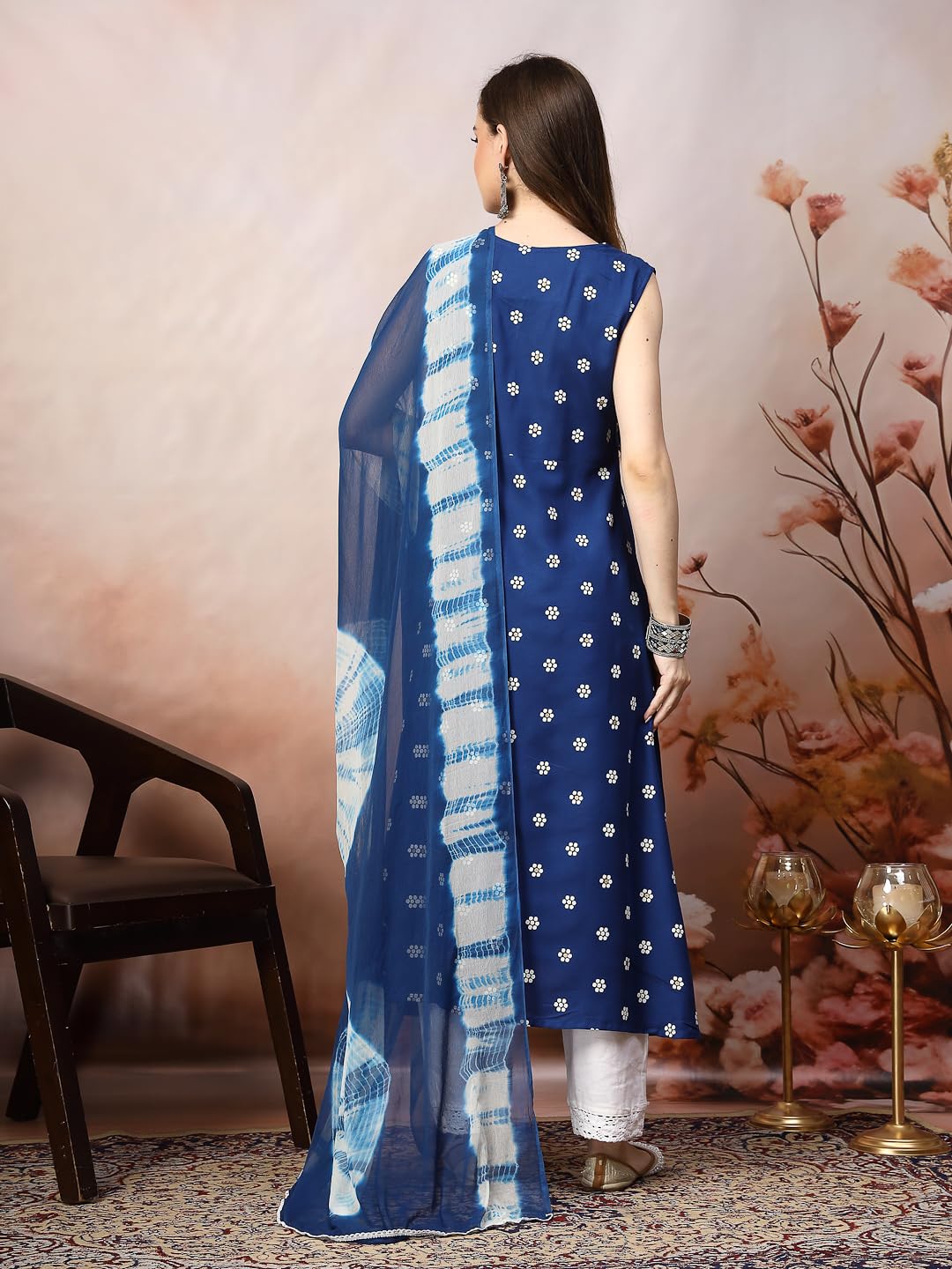Stylum Women's Floral Printed & Embroidered Rayon A-Line Kurta Dupatta Set (Kdroyalrasna34_Royal Blue, Xs)