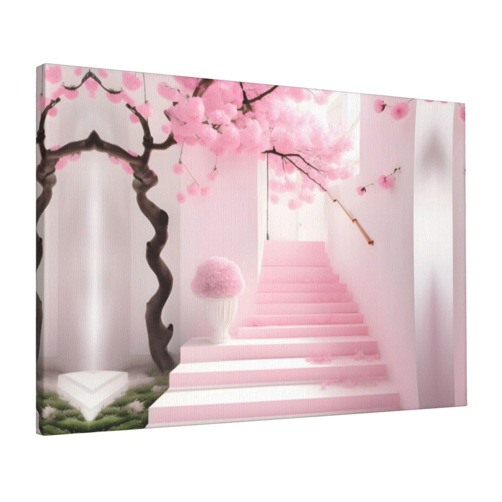 CNTDBU Pink cherry blossom staircase Canvas Wall Art 16x24 Inch-Large Modern Painting Print for Living Room, Framed Ready to Hang Artwork for Bedroom