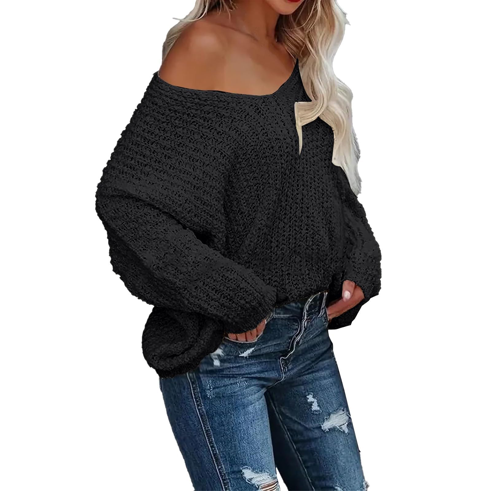 Womens Off-The-Shoulder Sweater Fall Trendy V-Neck Hollow Loose Lightweight Knitted Long-Sleeved Pullover Tops