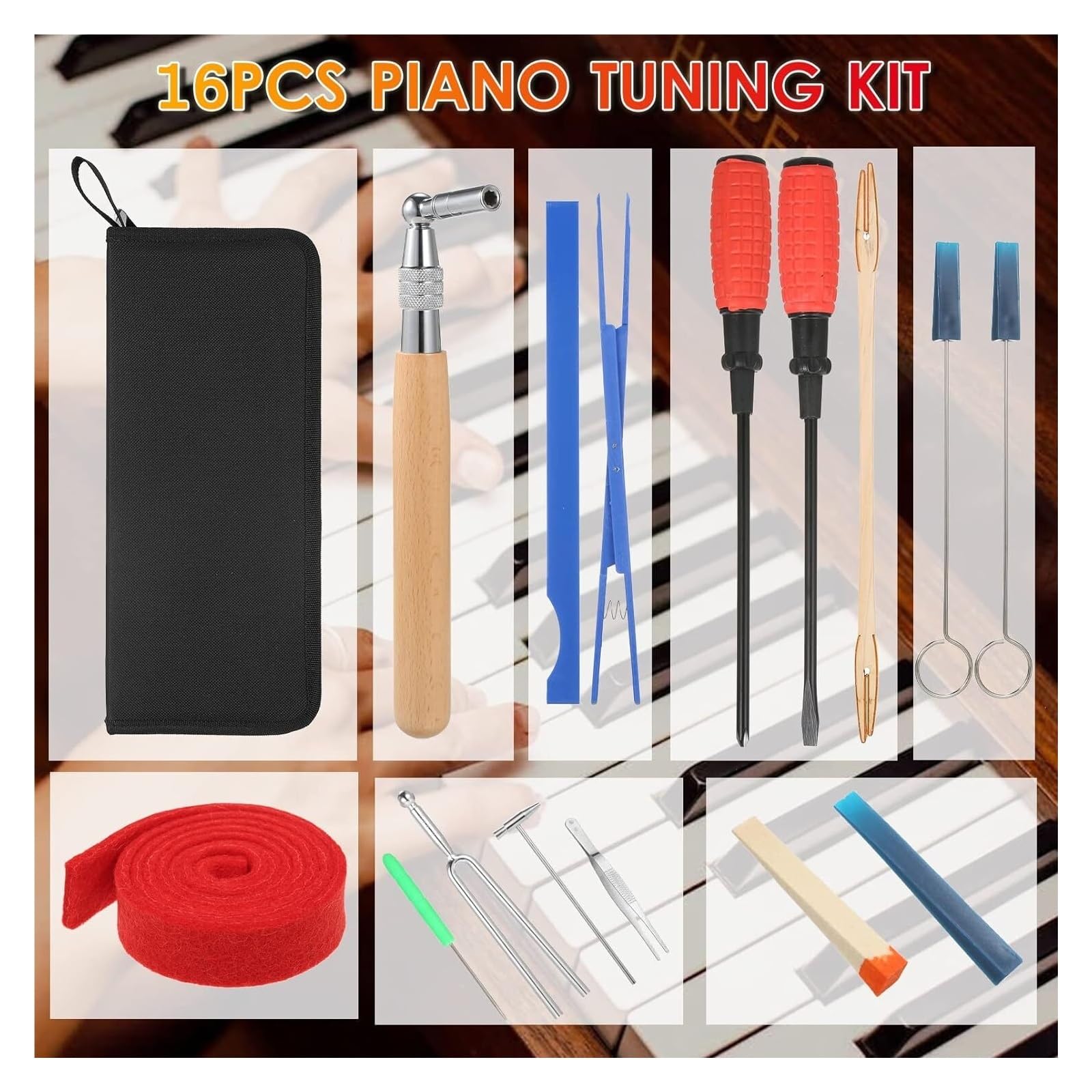 PianoTuningRepairToolsPartsAccessories， Juego de 16 herramientas de afinación, llave de afinación de mango largo, sordina de goma, destornillador, pinzas, martillo, tira de fieltro con temperamento, h